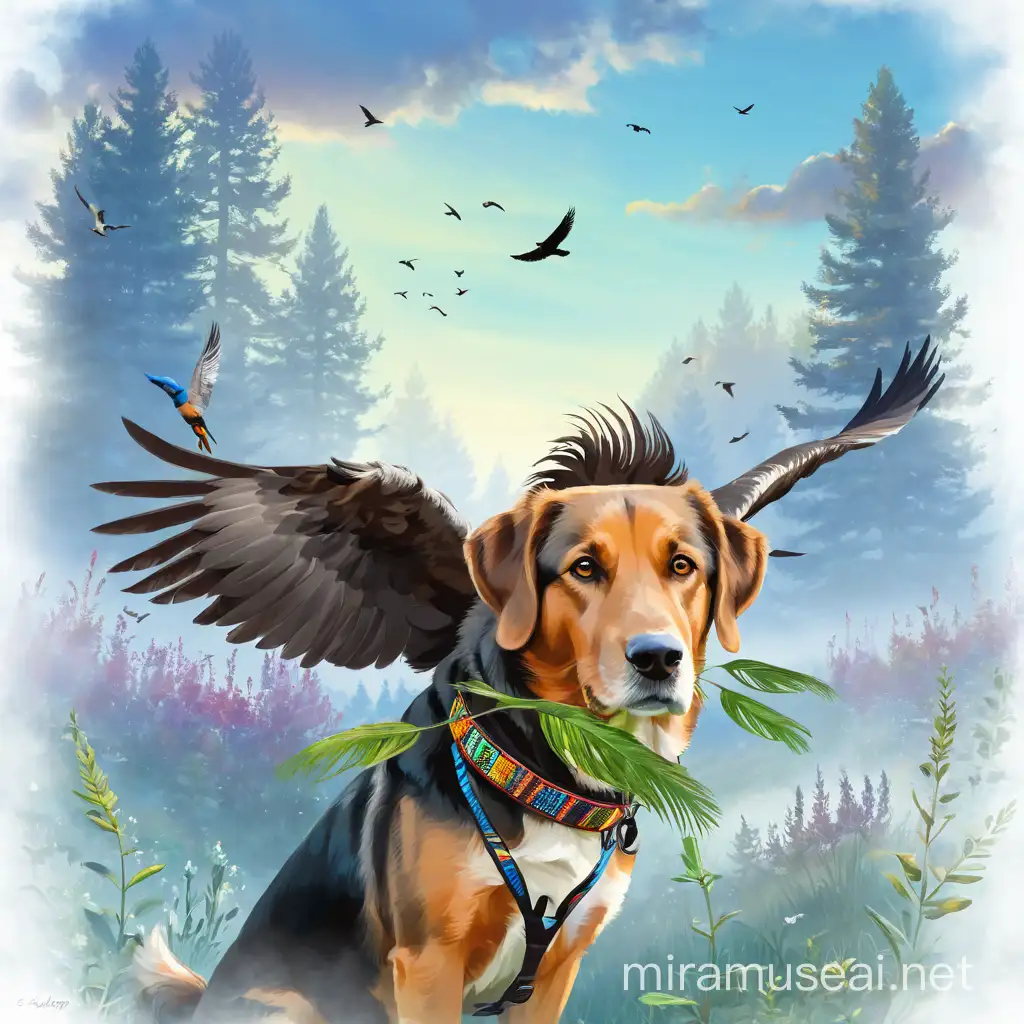 NatureLoving Man with Dog and Bird in Dreamy Forest Artwork