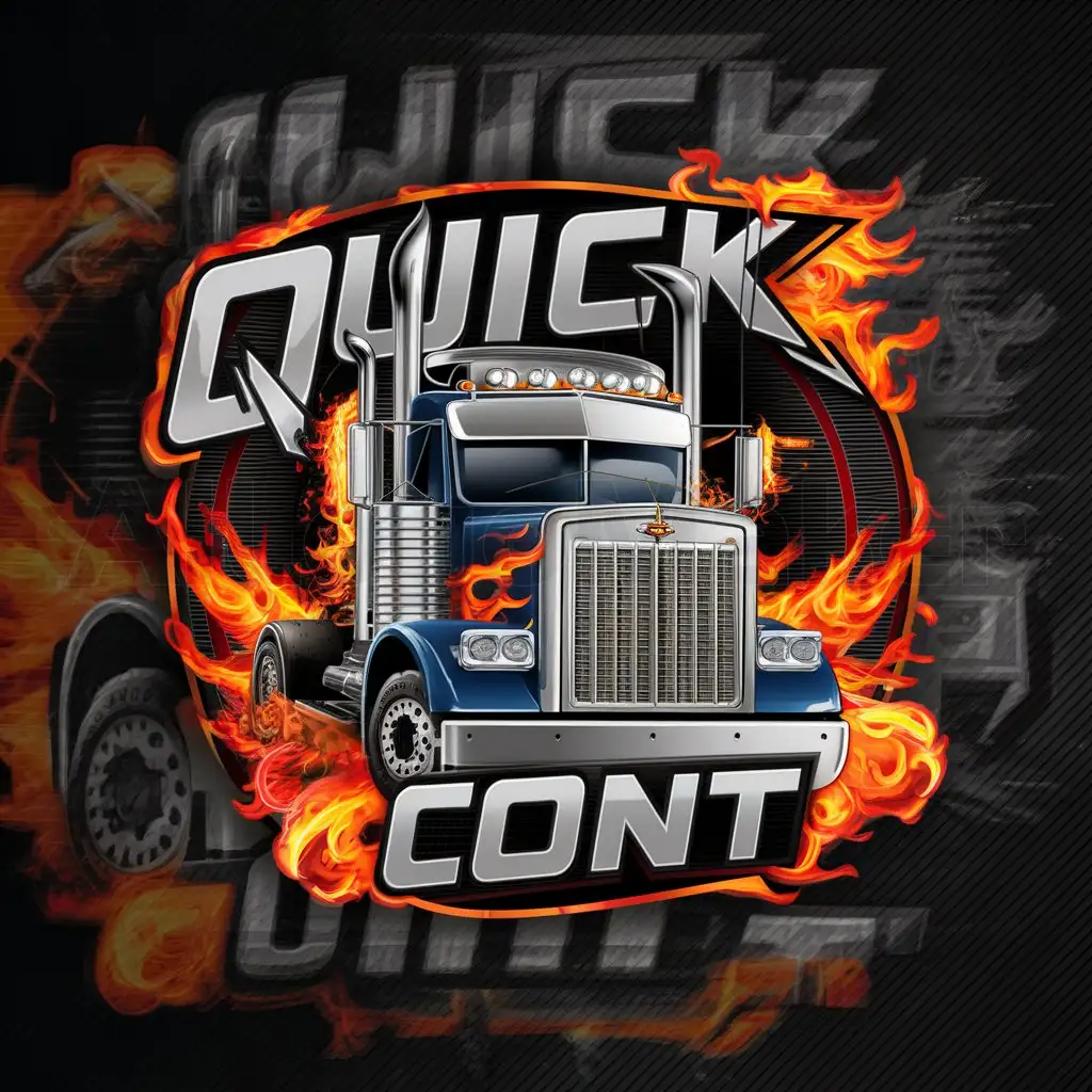 a logo design,with the text "QUICK CONT", main symbol:Symbol: front view of a large truck with high chromed exhaust pipes and a powerful grille radiator, highlighted by bright orange and red flames, surrounded by artistic fire effects. Headlights and other parts of the truck are also illuminated by fiery elements, giving it an aggressive and dynamic look. The whole composition is done in dark tones with prevalent fiery effects, creating an impression of power and speed.,complex,clear background