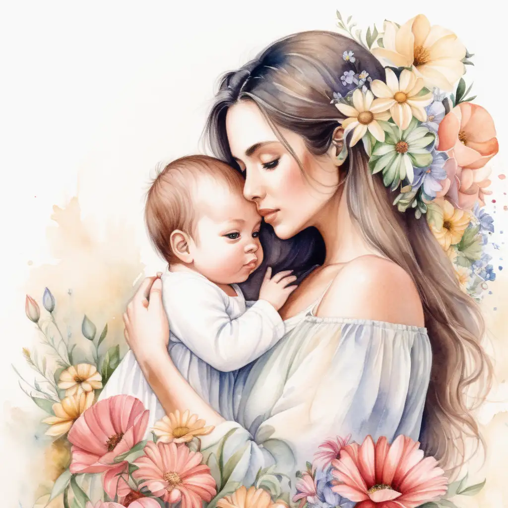 En vacker kvinna som håller sin söt lilla bebis tyggt i sin famn, blommor I nederkant , I vattenfärg 