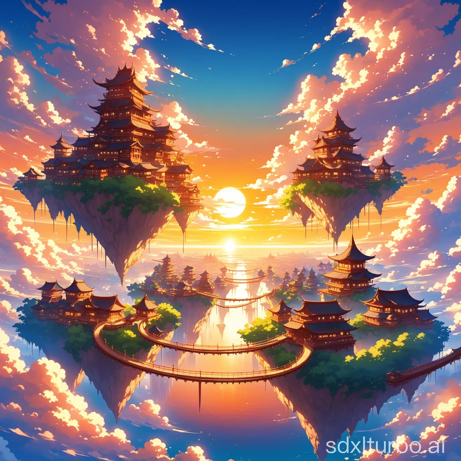 Anime style: a fantasy city floating in the sky, having exquisite architecture, floating islands and connecting bridges, all with a background of floating clouds and sunset