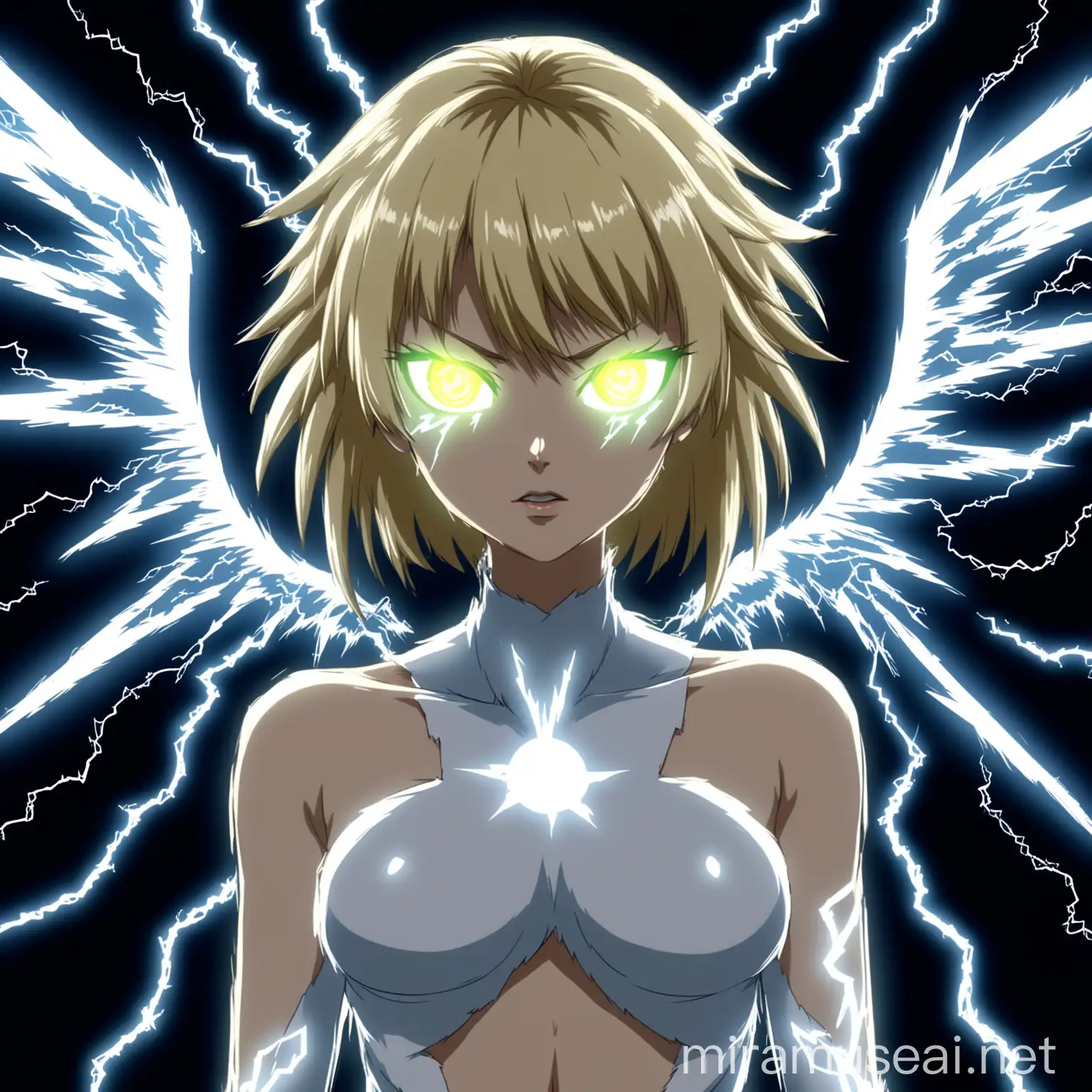 an angelic woman, she has lightning wings, she has a wolfcut blonde hair, she has a beautiful body, her skin is full of lightning bolts, she has luminous electric luminous eyes, she has a crazy look, in anime