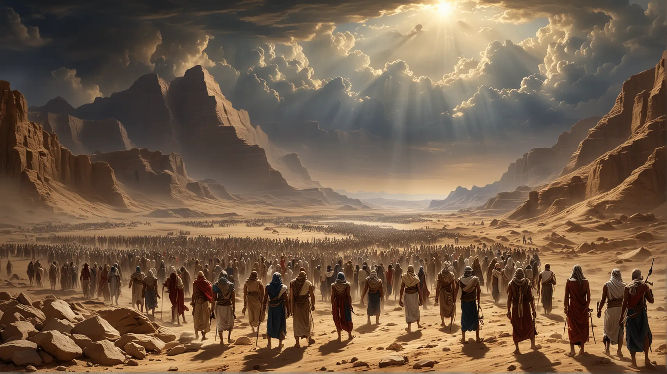 Oppressed People in Desert with Foreboding Sky Biblical Era Imagery