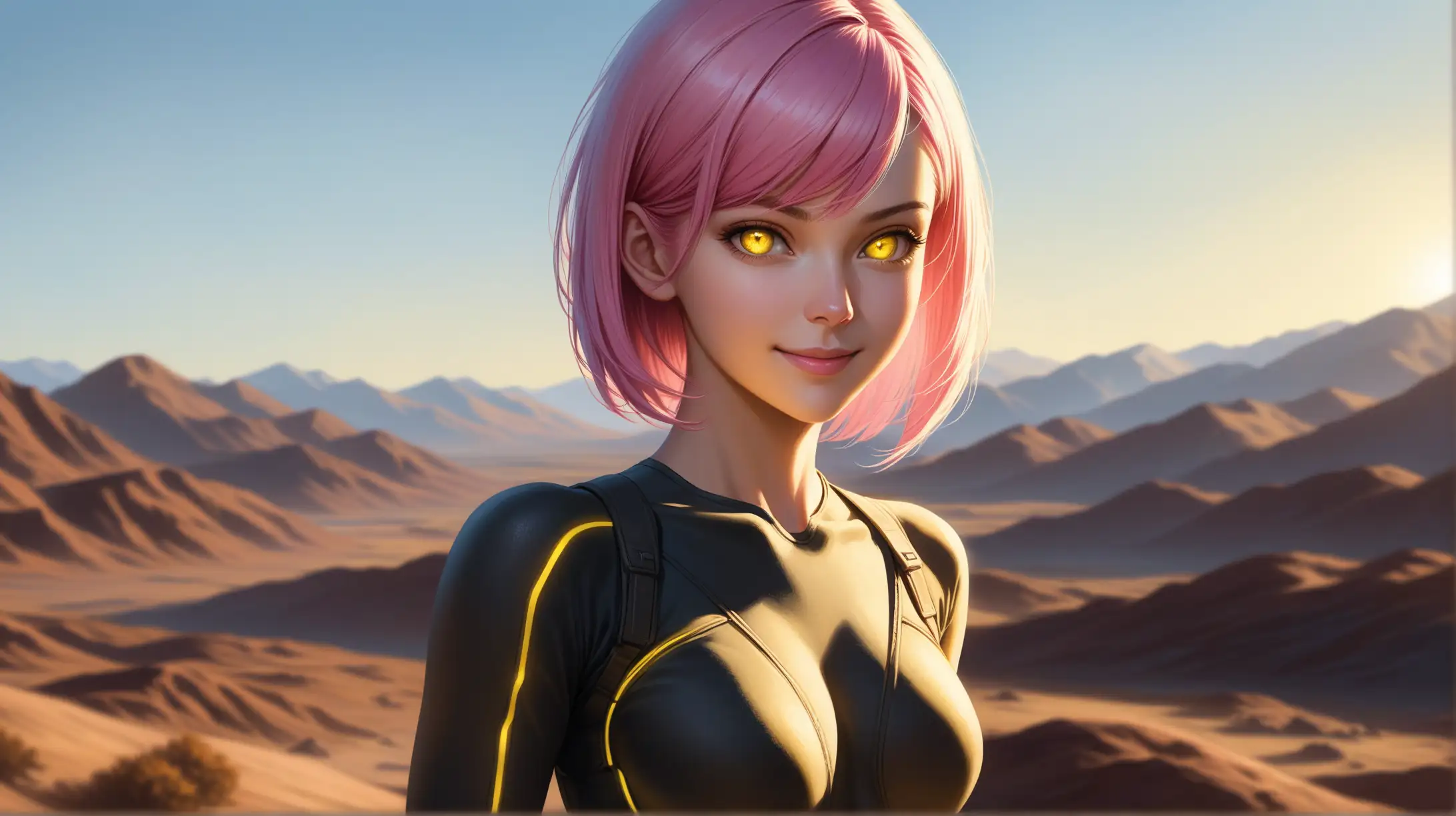 Draw a woman, short pink hair, yellow ringed eyes, slender figure, high quality, realistic, accurate, detailed, long shot, outdoors, ambient lighting, clothing inspired from Fallout, seductive pose, smiling toward viewer