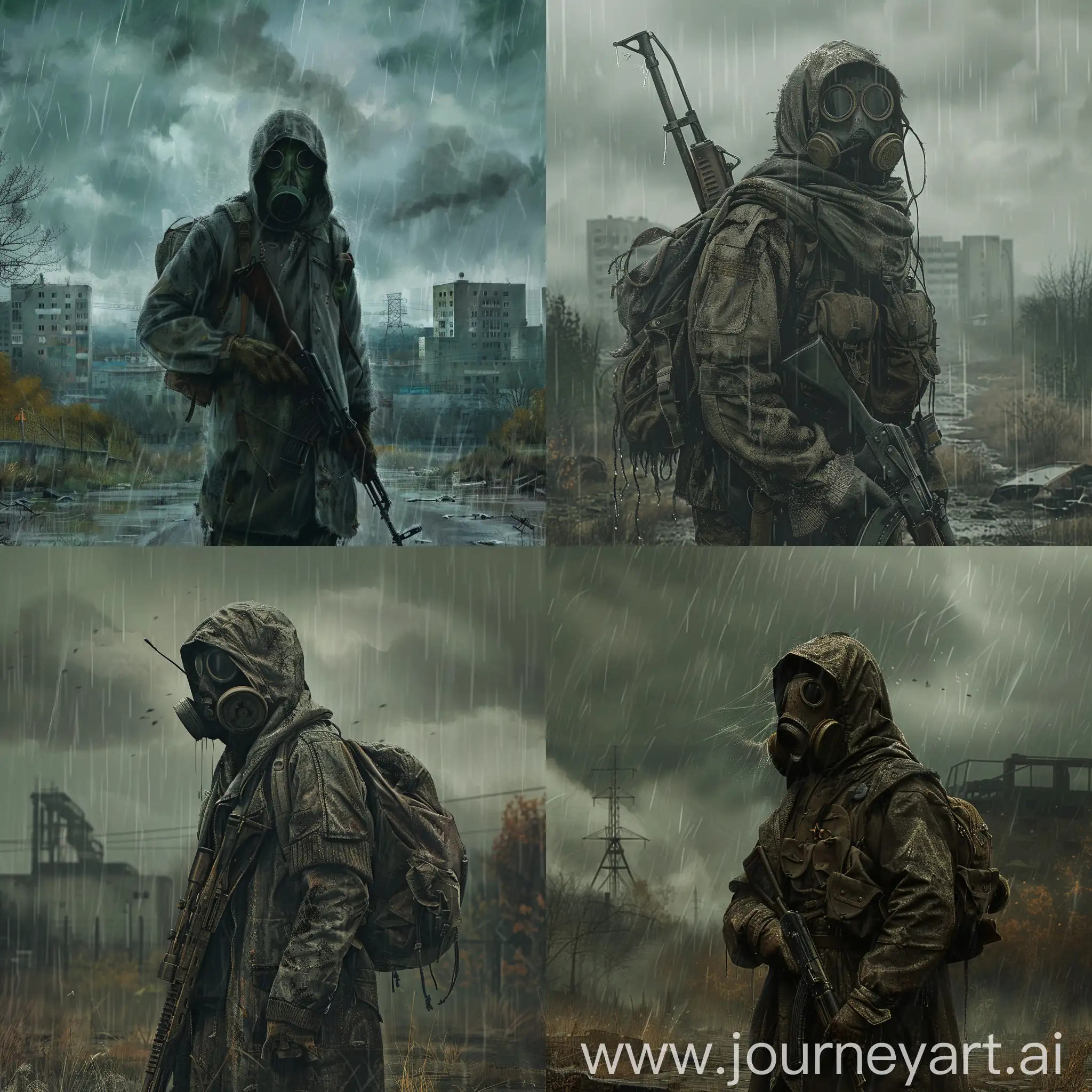The universe of stalker art, gloomy autumn, a lone stalker stands in the middle of a wasteland in the dead Chernobyl city of Pripyat, it is raining radiatively, the clouds are dark green, the stalker is wearing a dirty and worn gray sweater, a torn and worn brown raincoat over the sweater, a gas mask on the stalker's face, a Mosin sniper rifle in his hands, on his back a backpack.