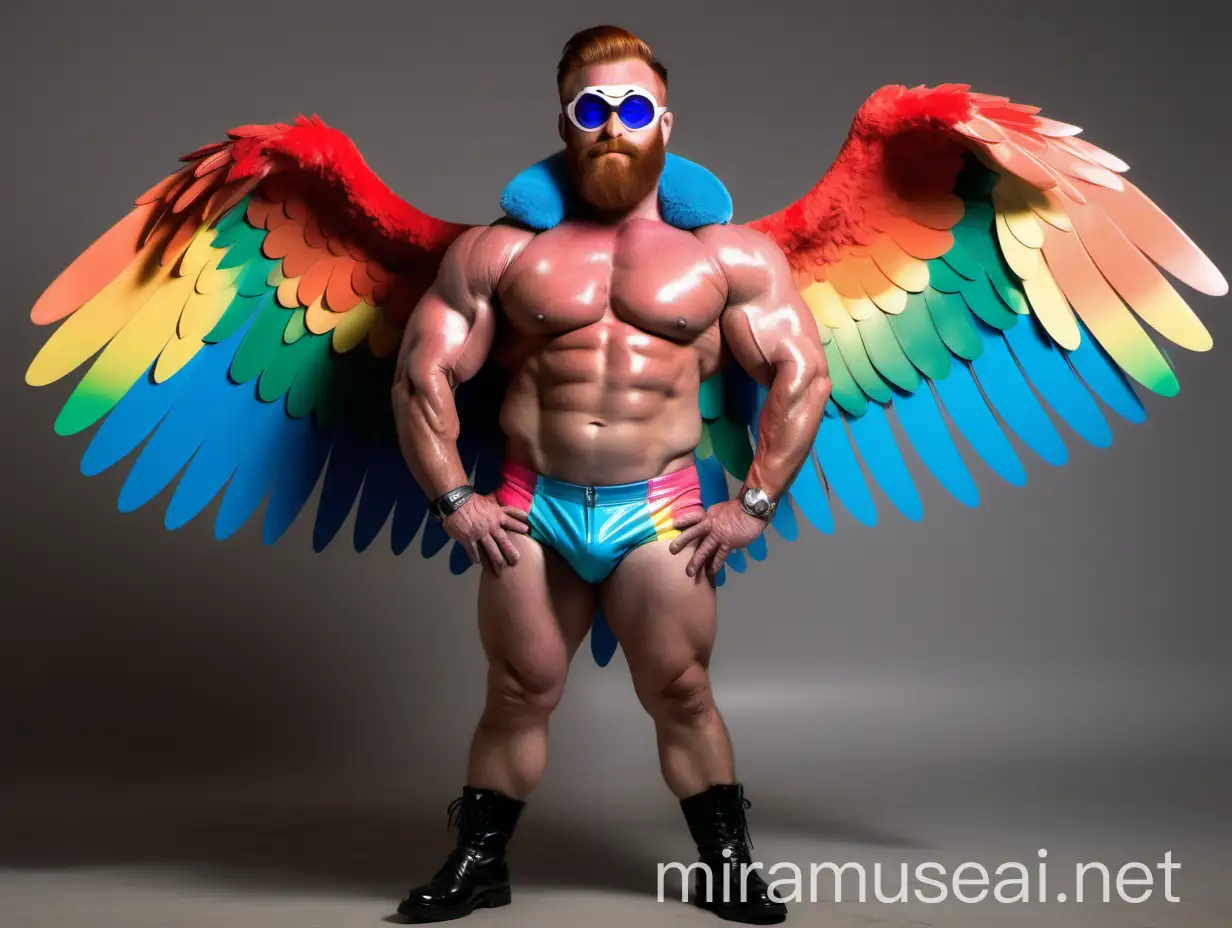 Ultra Beefy Red Head Bodybuilder Daddy Flexing with Rainbow Colored Eagle Wings Jacket