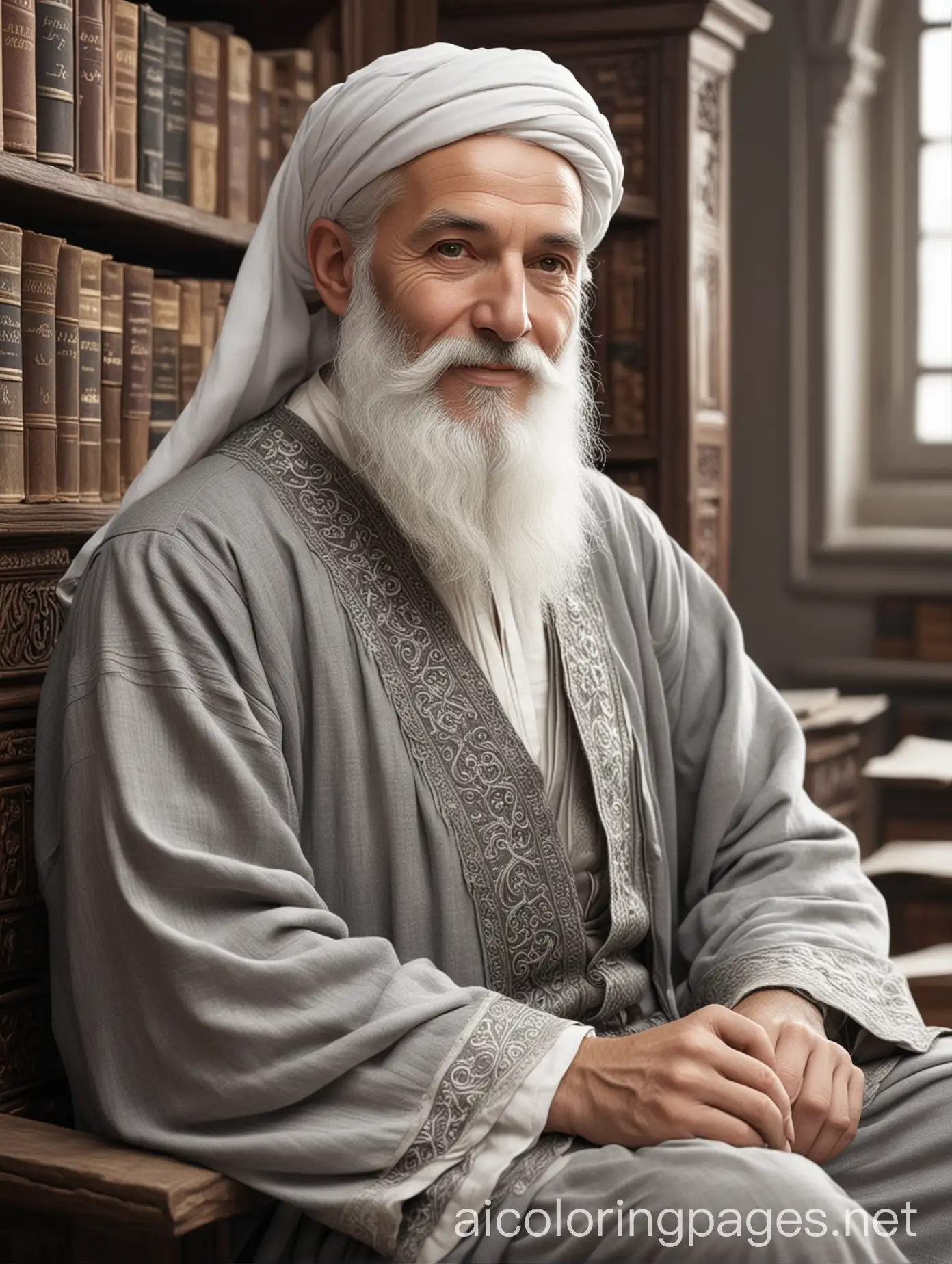 A wise middle-aged man from the Islamic era, with white skin and a long and thick white beard, staring at the lens, smiling faintly, sitting in an old library, dressed in beautiful gray clothes, very realistic, 4K, vintage, so that the whole body is visible. , Coloring Page, black and white, line art, white background, Simplicity, Ample White Space.