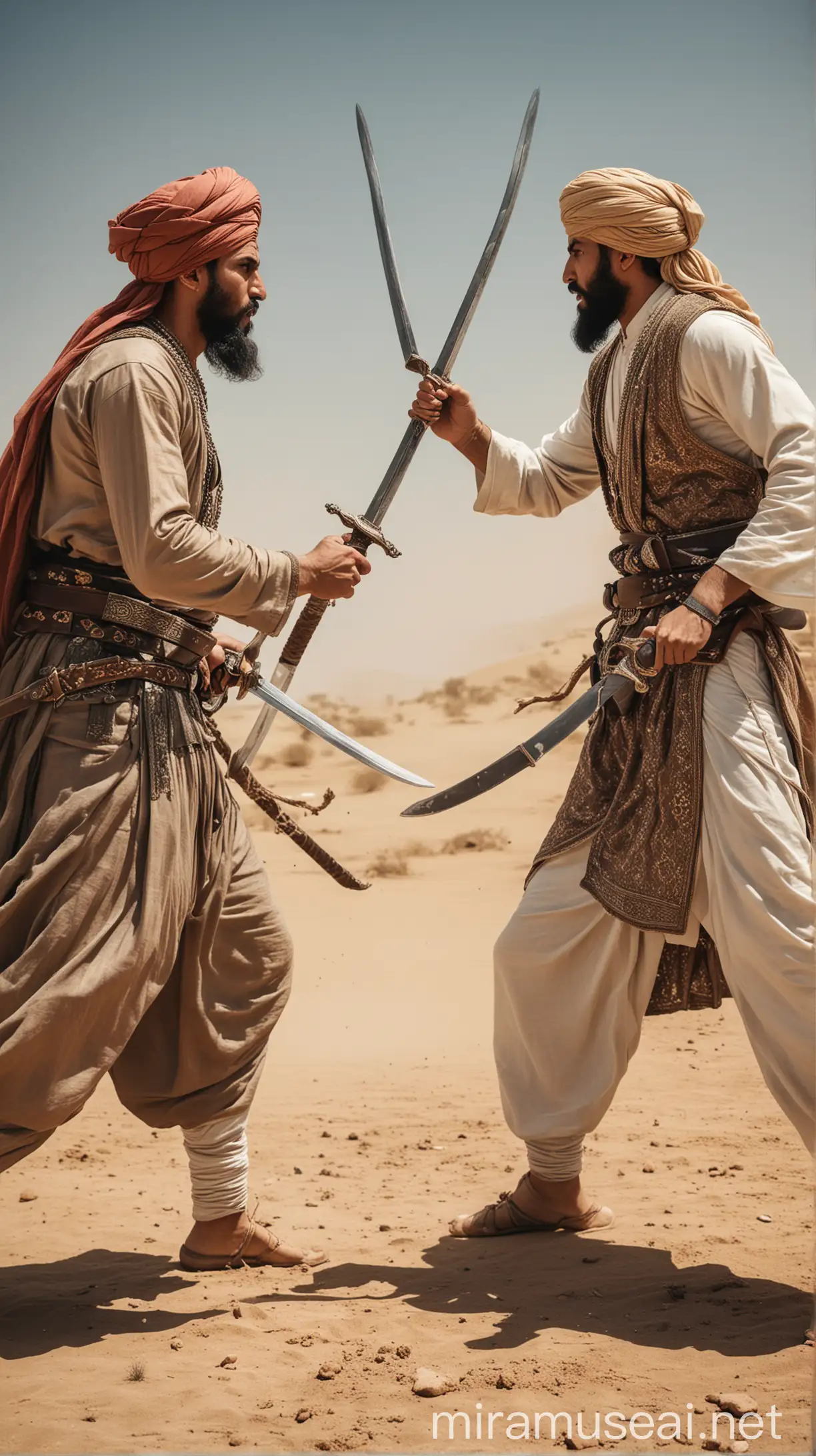 Two men fighting with each other, similar to each other in the mirror, holding swords in their hands like in a battlefield, wearing Arabic turbans and long Arab dresses, styled like a painting.