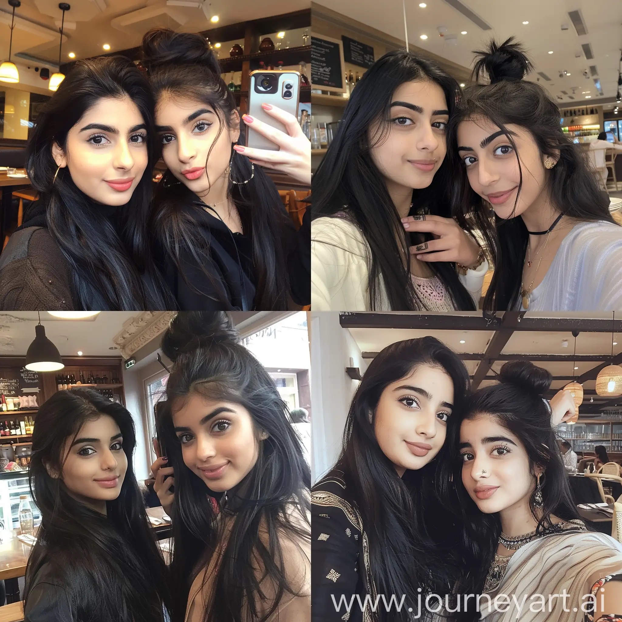 2 beautiful british Pakistani girls one with long black hair and the other with hair up in ponytail, taking selfie in restaurant --v 6