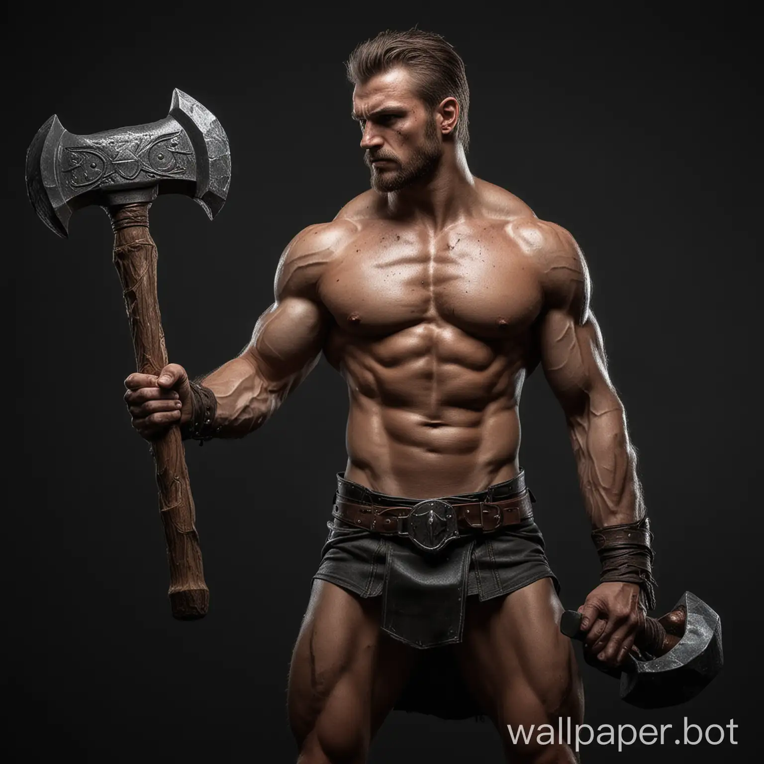 Draw a fantasy very strong warrior with a bare torso and a big hammer in hand on a black background