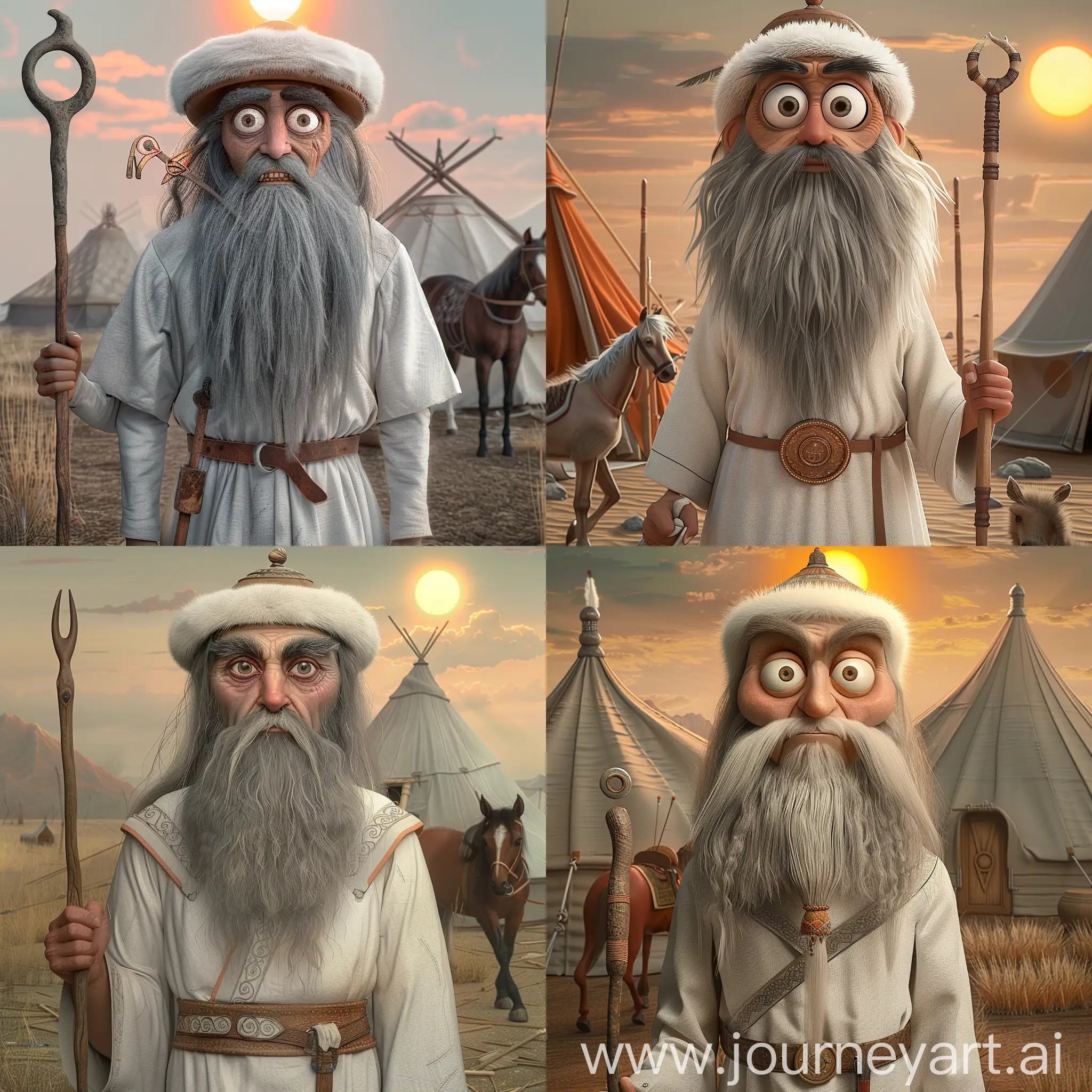 75 years old Central Asian man with long gray beard, thick eyebrows, big slanted eyes, depicted in white tunic with belt and small white fur hat with brown top, has a staff in his and standing in front of a Mongolian tent, steppe, sun is at top, there's a horse near him, steppe weather, realistic image, cinematic lighting