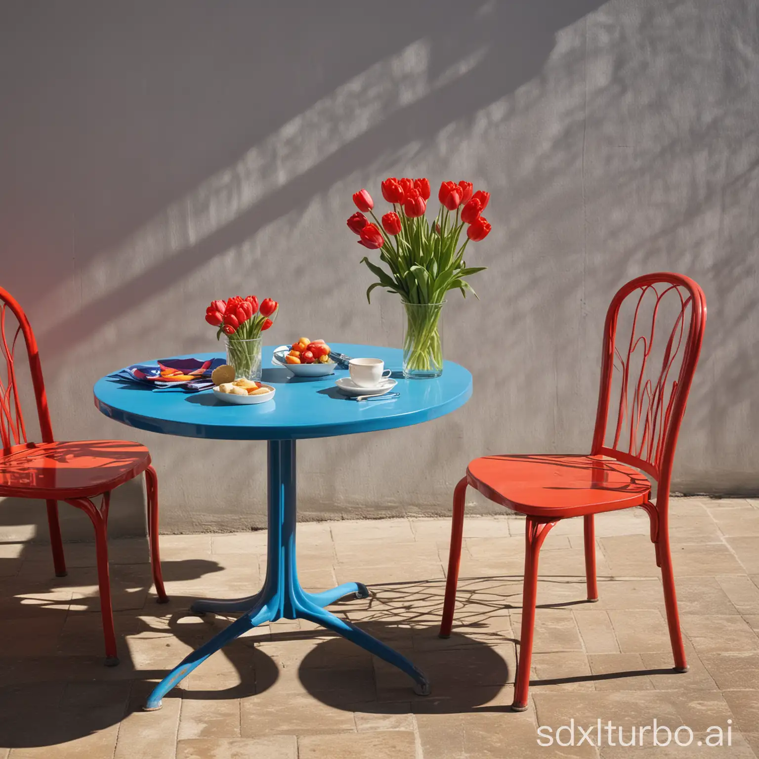 tulpe, rot, tisch blau, stuhl, sonnenschein