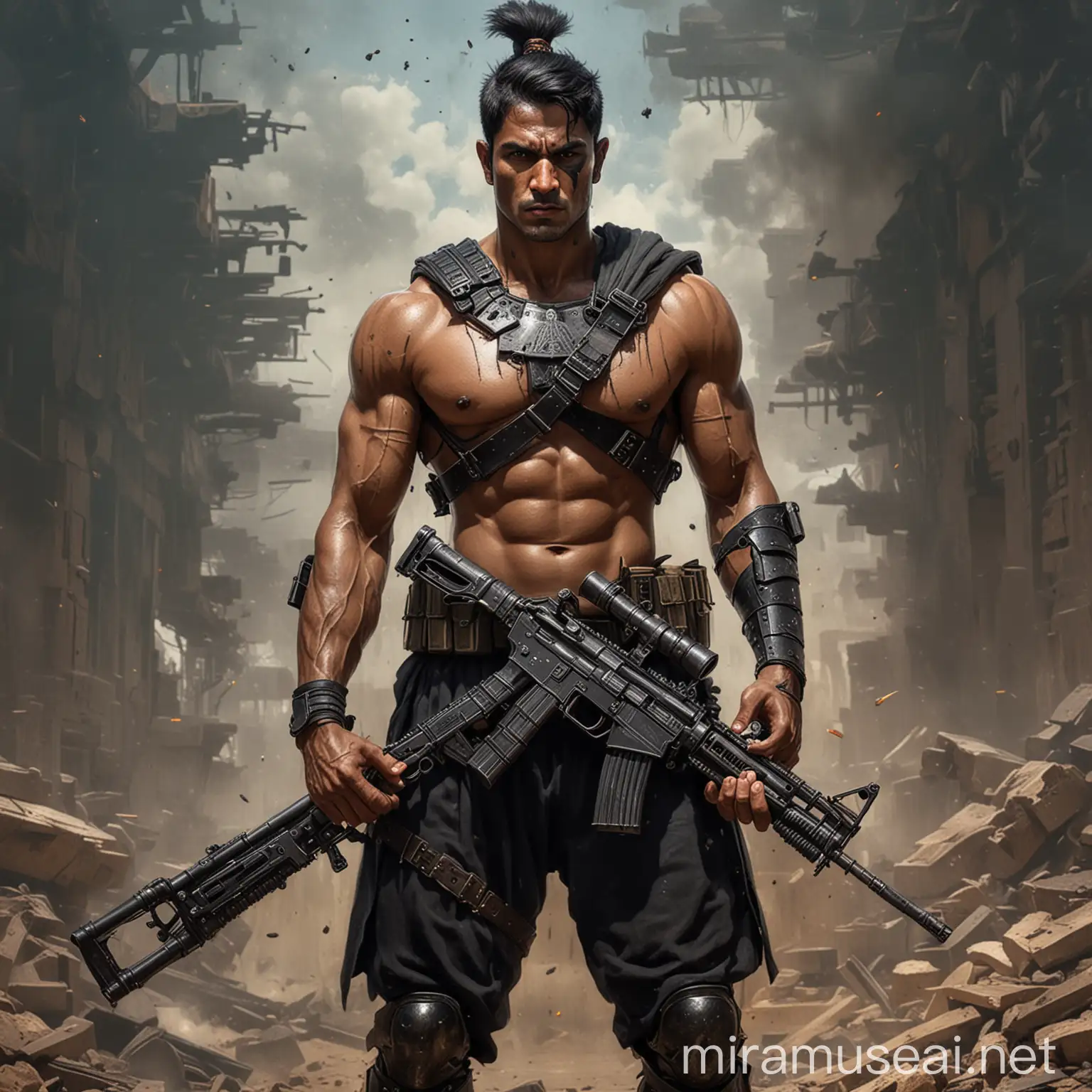 IndoGrecoSpartan Warrior Armed with Machine Guns and Cigarettes