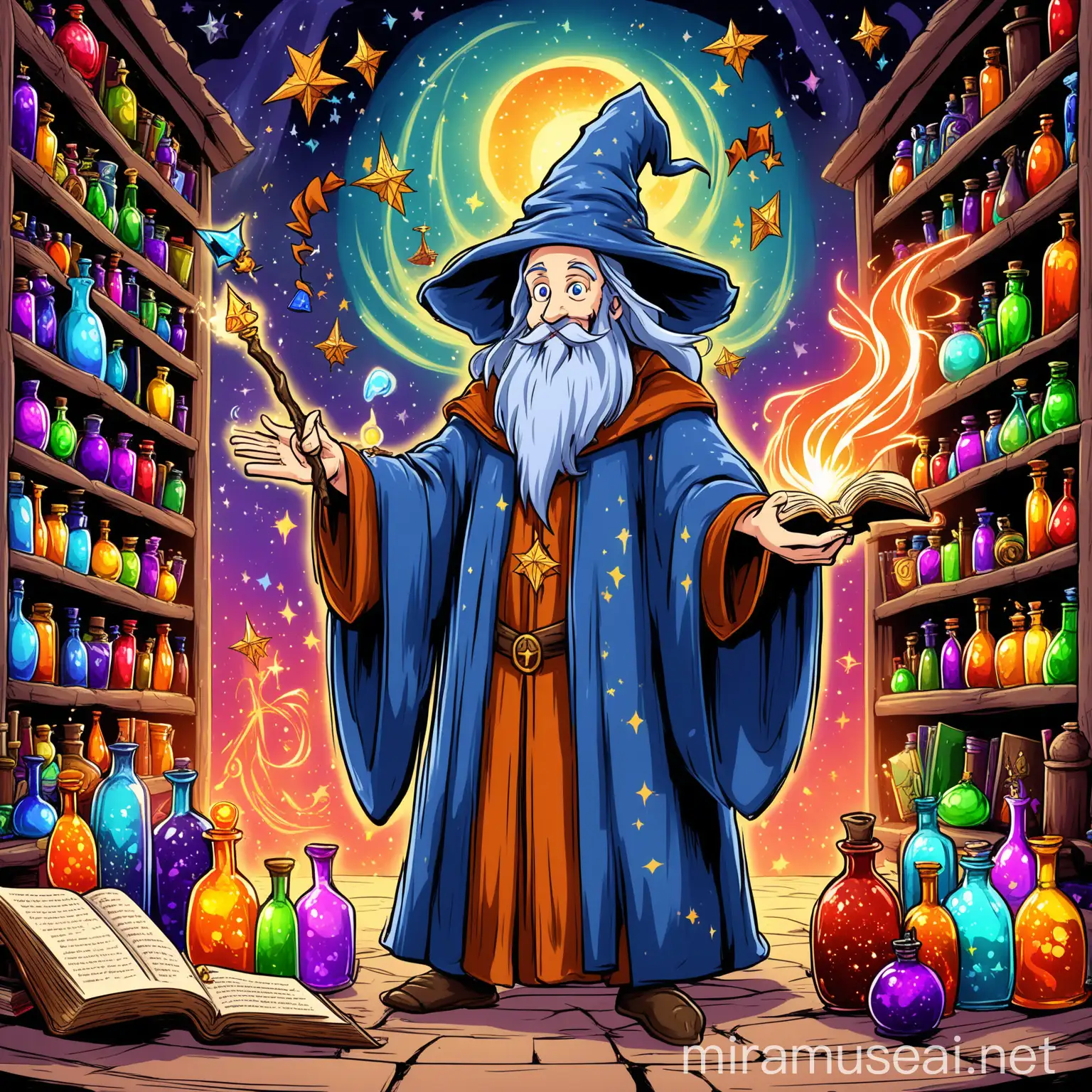 Cartoon style image of a wizard casting a spell. The wizard wears a classic pointed hat and flowing robe, with a long beard and a mischievous smile. He stands nearby and waves his wand. The scene is colorful and vibrant, with bottles of potions, mystical ingredients, and spell books scattered around. The background is simple to focus on the wizard and his spell