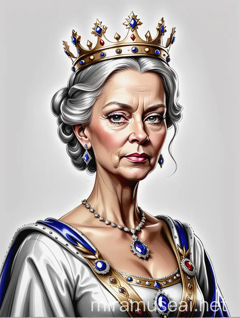 A beautiful middle aged queen, wearing royal clothes and a crown, on a silver and white background, in drawing style