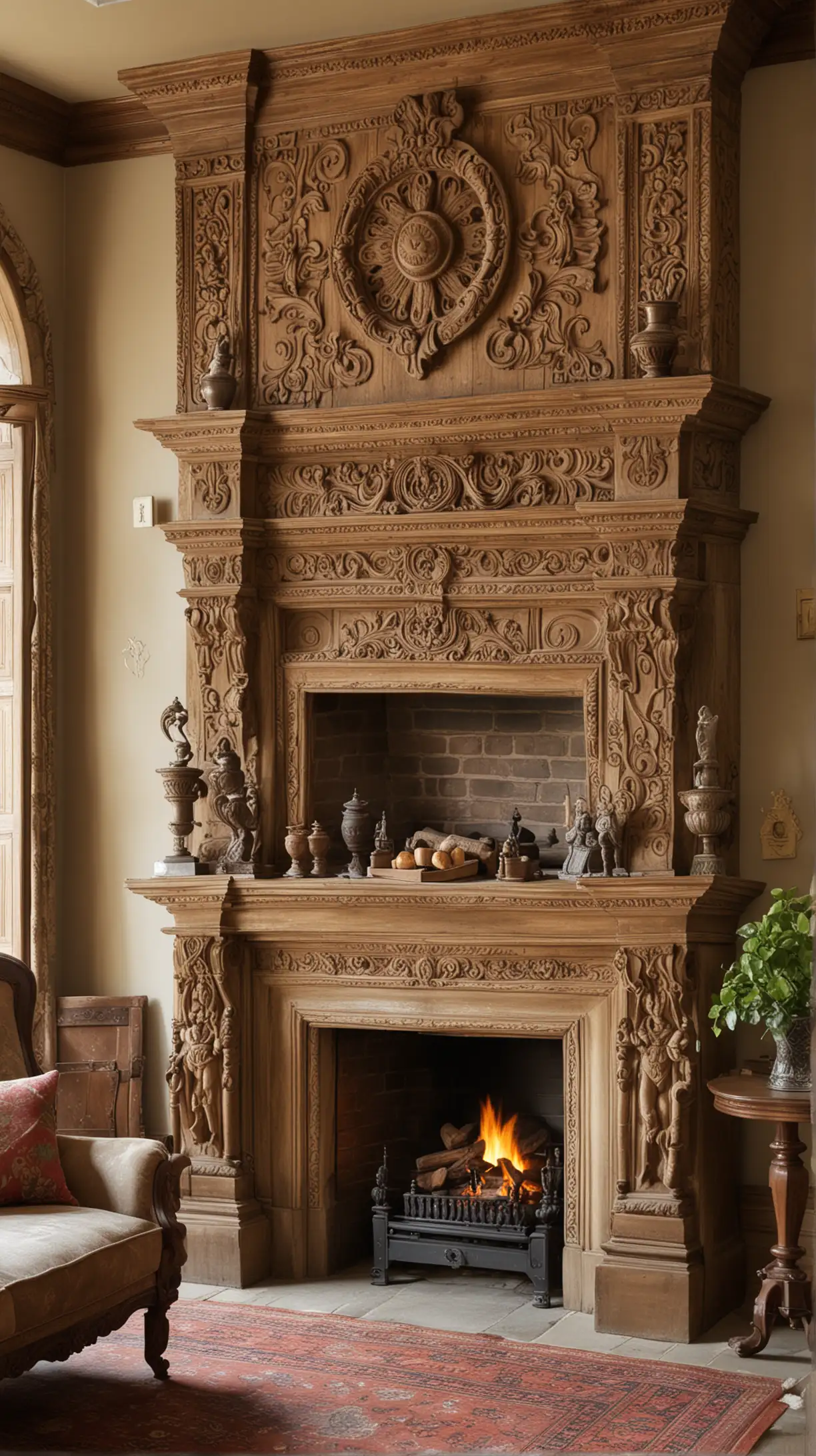 Antique living room featuring a traditional fireplace with vintage wood mantelpiece and ornamental carvings, evoking old-world charm.