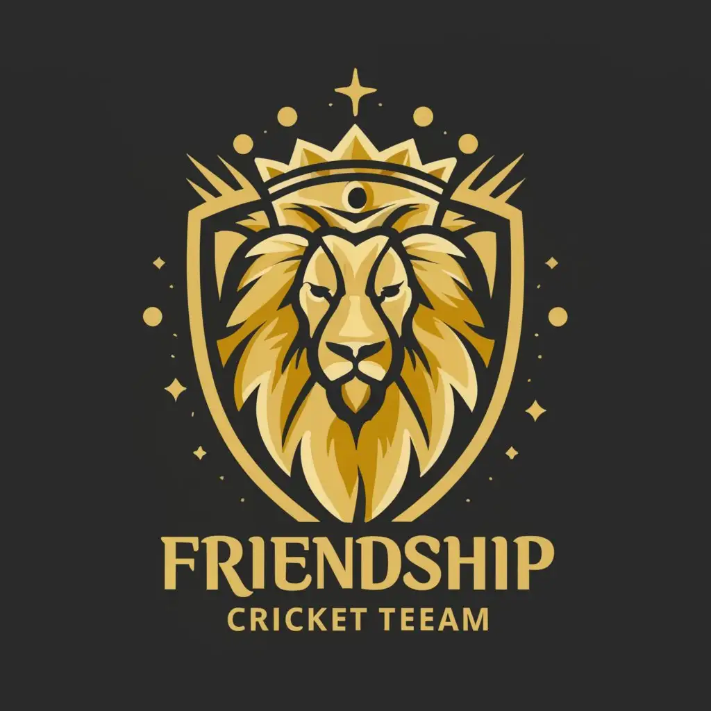 a logo design,with the text FRIENDSHIP, main symbol:Design a majestic logo for a cricket team named 'Friendship.' The logo should feature a powerful lion wearing a splendid crown, symbolizing strength, unity, and leadership. Incorporate elements that evoke a sense of royalty and prestige, suitable for a team with a regal name,Minimalistic,clear background