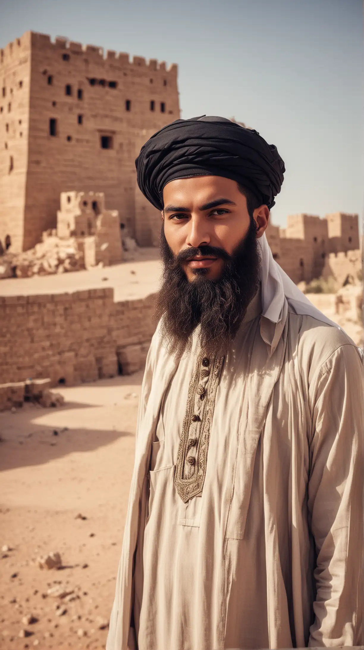 a Muslim beard man in Arab  scholar , background a fort in desert 
