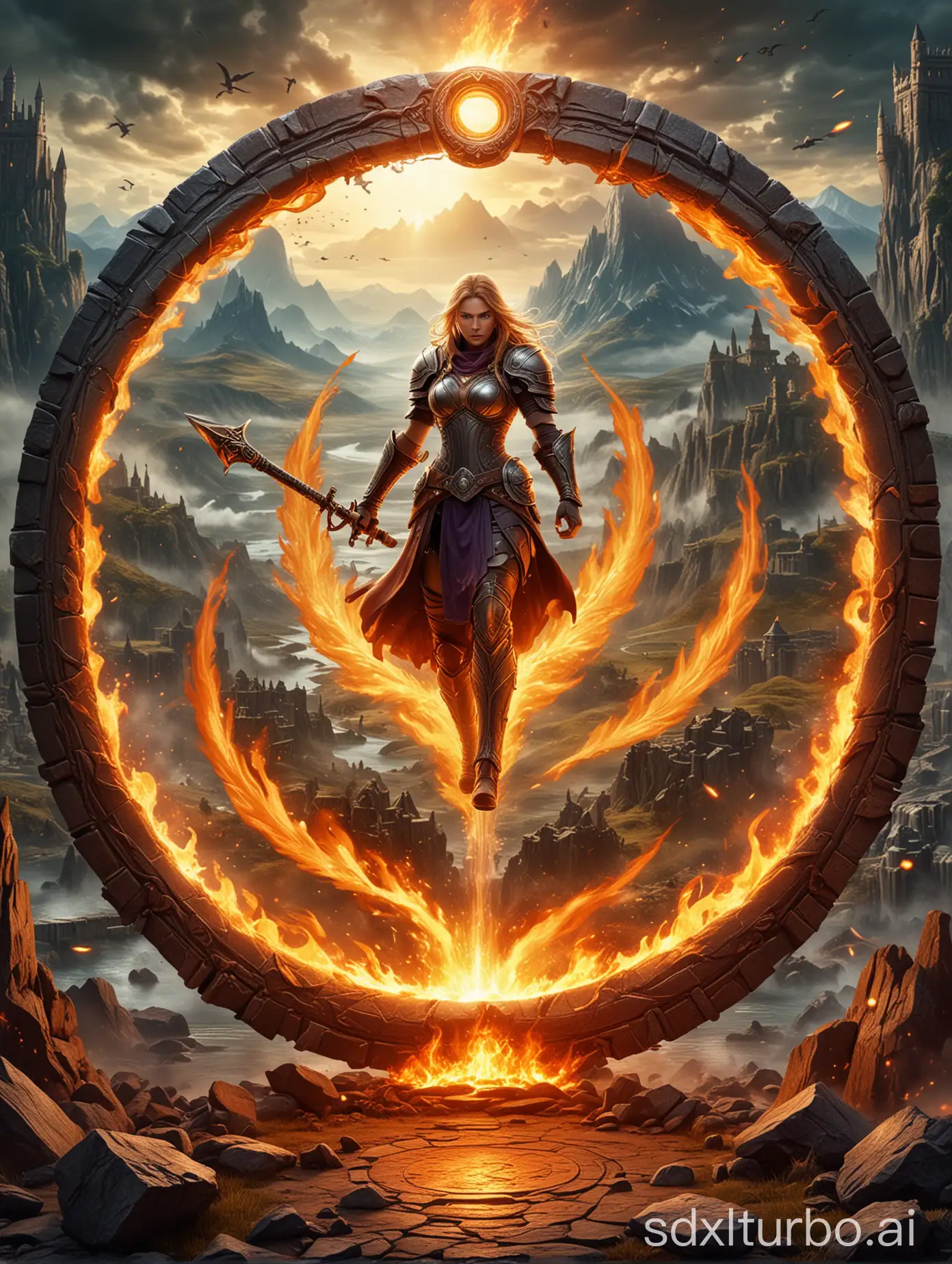 Realistic, masterpiece, top quality, super detailed, fantasy game poster, drawing only background scenery, battle, magic circle, highly detailed scenery, atmosphere, mighty power, exaltation, dynamic, flame