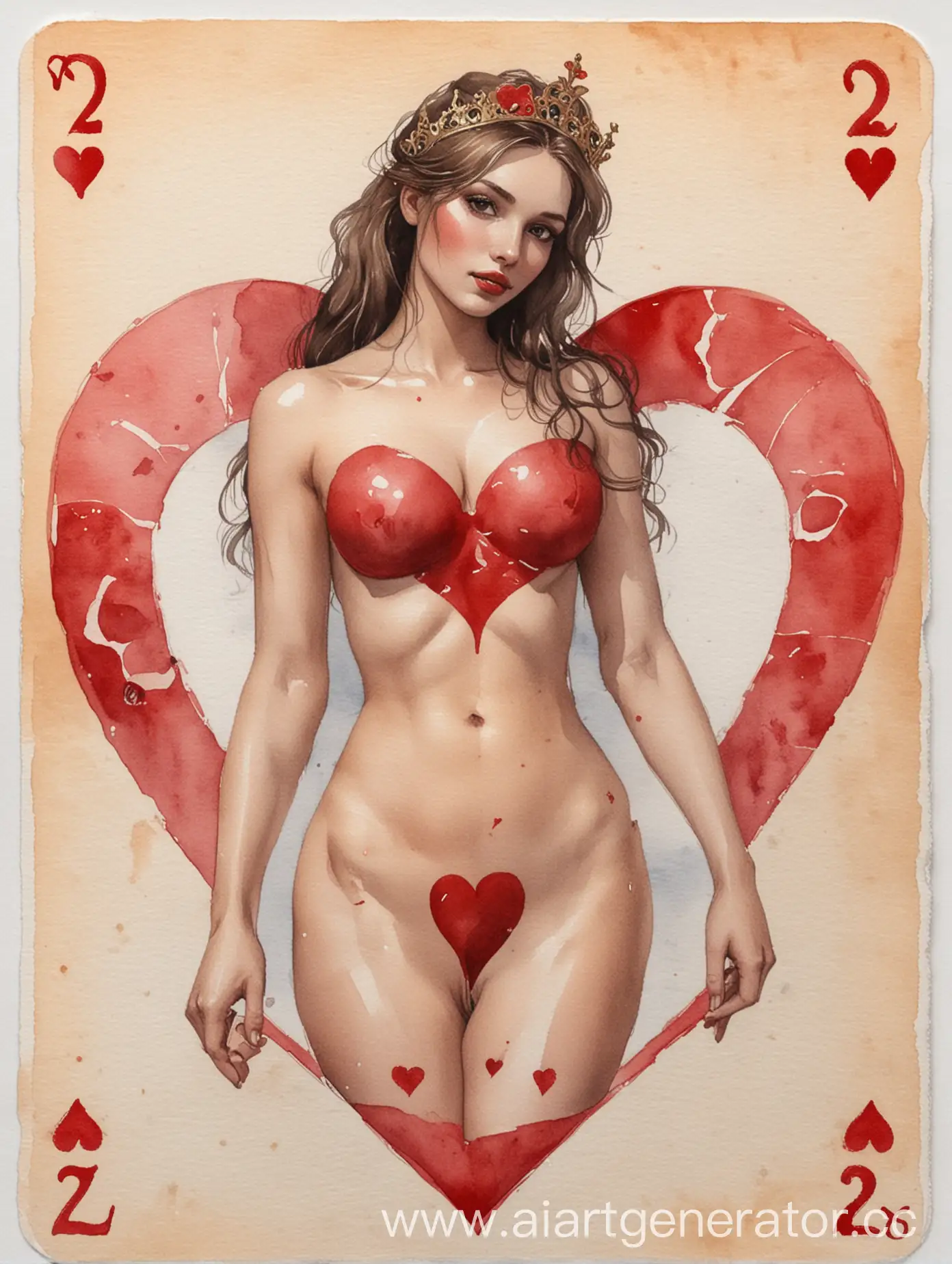 Watercolor-Drawing-Nude-Beauty-on-Deuce-of-Hearts-Playing-Card