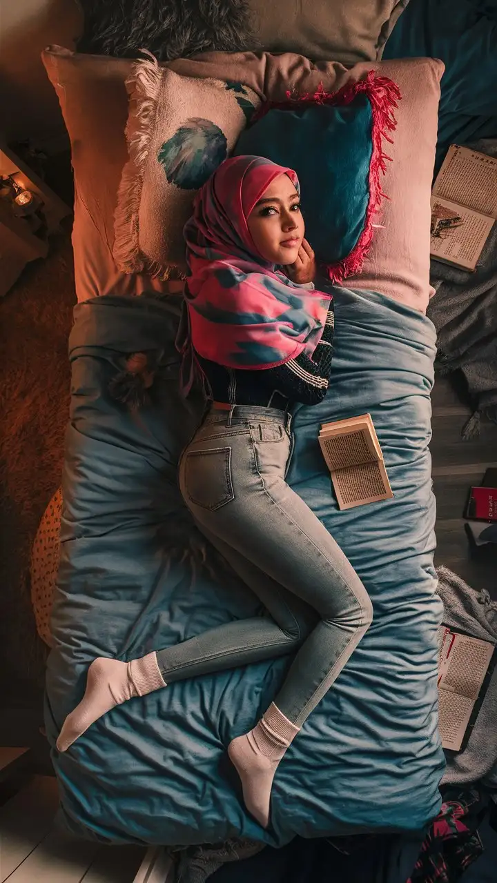 A little girl.  14 years old. She wears a hijab, skinny tight jeans, white socks.
She is beautiful. She lie on the bed.
Bird's eye view, From behind, turn back, 