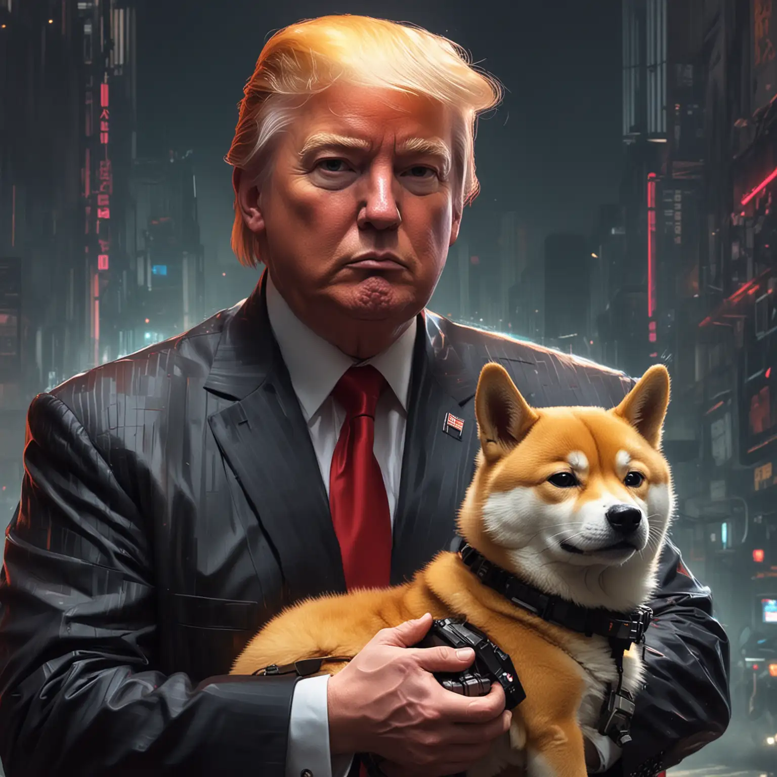Donald Trump in cyberpunk style strokes the dog Shiba inu