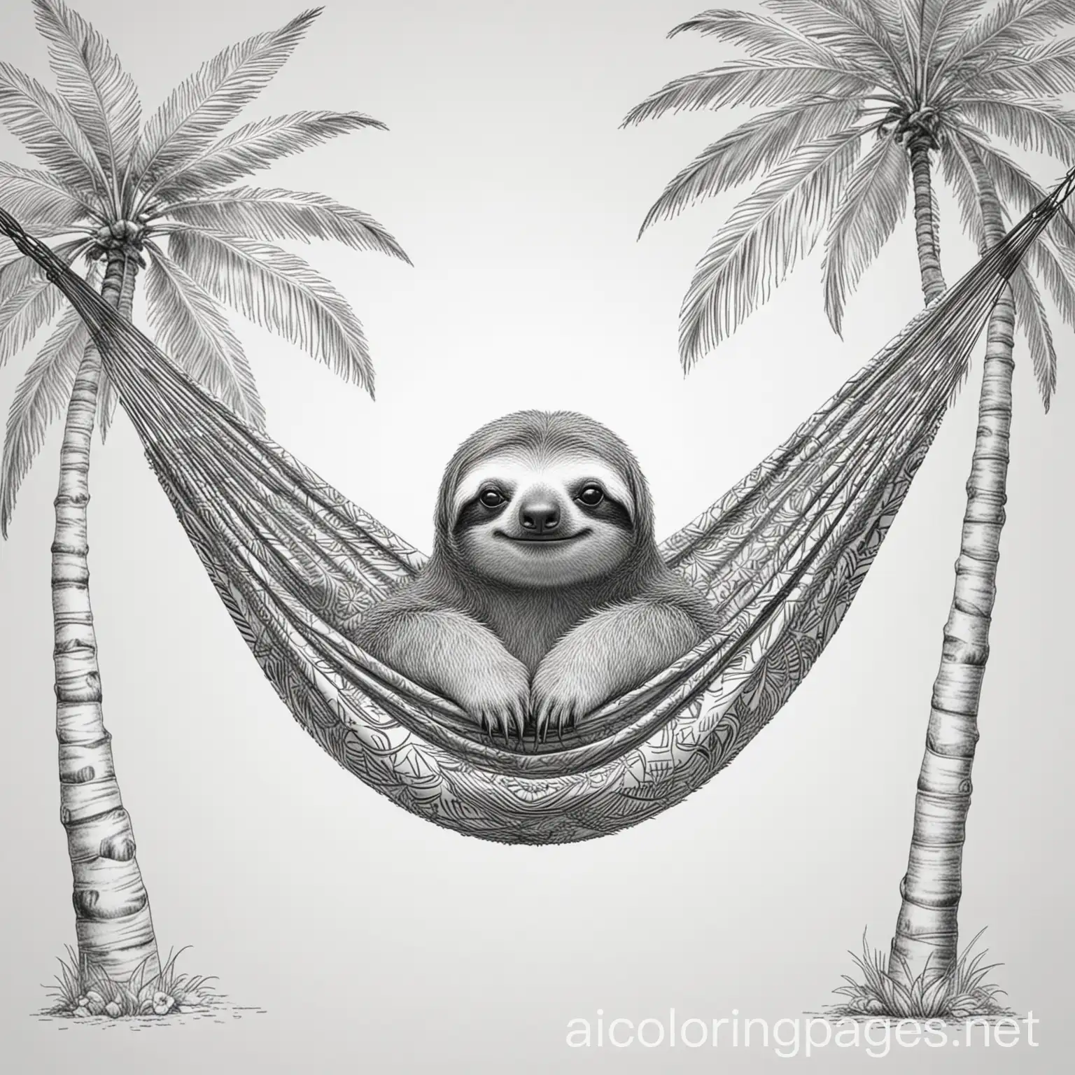 summer sloth laying on a hammock between 2 palm trees with a simple background , Coloring Page, black and white, line art, white background, Simplicity, Ample White Space. The background of the coloring page is plain white to make it easy for young children to color within the lines. The outlines of all the subjects are easy to distinguish, making it simple for kids to color without too much difficulty