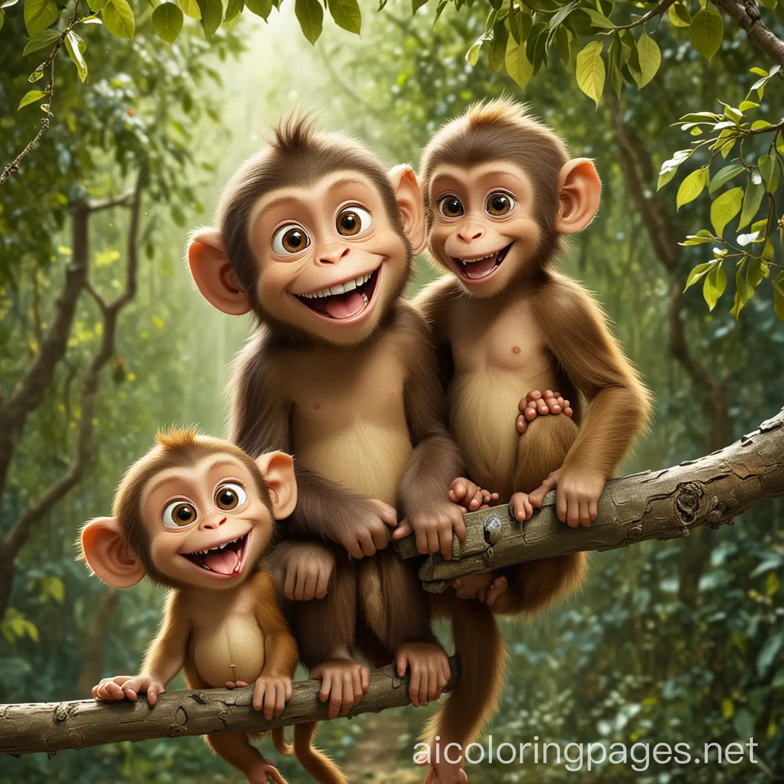 Das Kind sits on a branch and laughs with a happy monkey, who cuts funny faces. Both have sparkling eyes and a wide, playful smile. The monkey has a dynamic, expressive posture, which radiates pure joy and fun. The child holds his stomach from laughing and makes similar grimaces as the monkey.