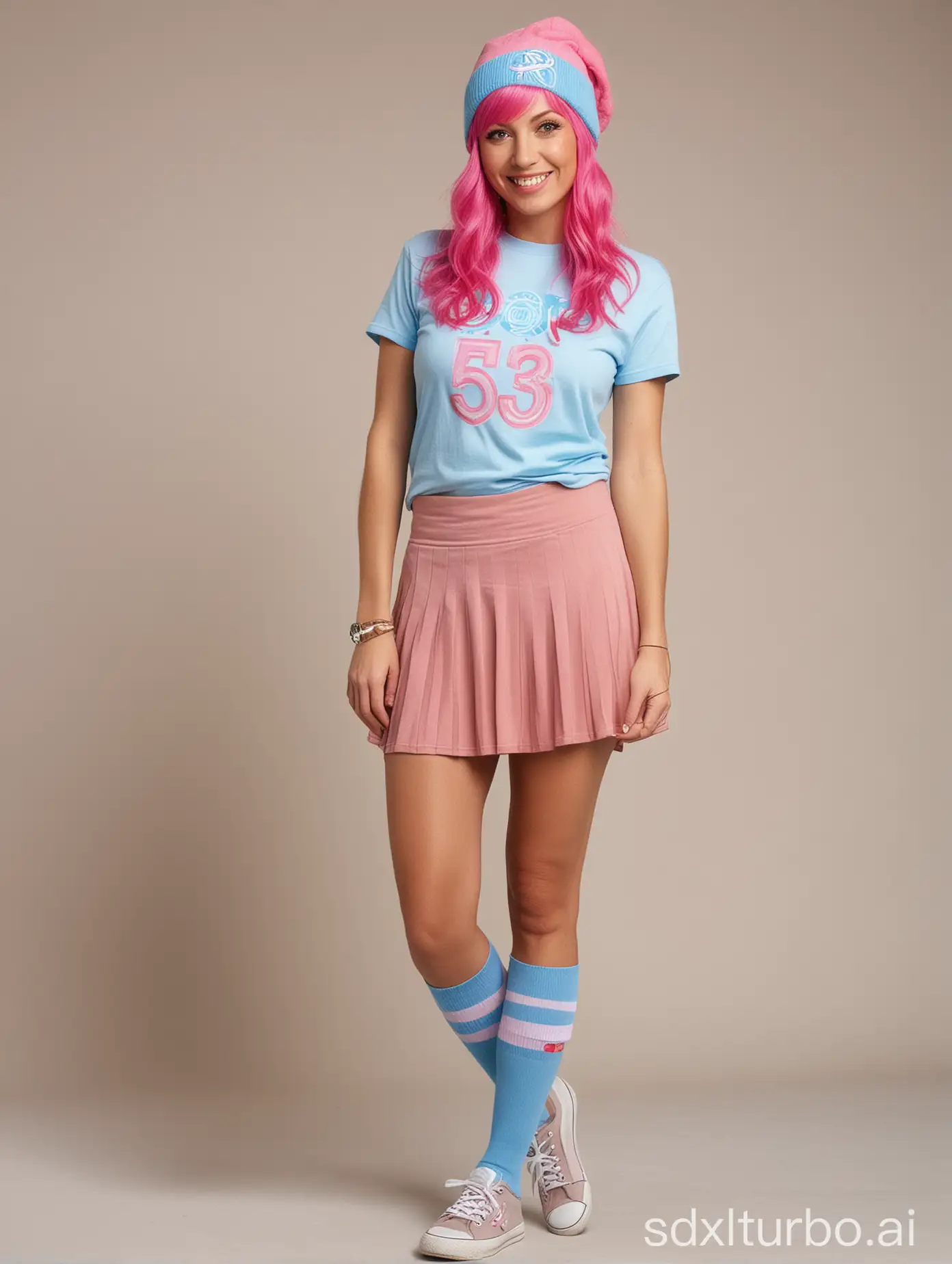 A cool middle aged Swiss woman; 53 years old, wearing a long bright pink wig, dark brown eyes; wearing a light blue beanie cap hat on her head, dressed in a short light beige top adorned with a teenager symbol, a short dark brown knee length skirt and wearing long dark brown socks, black sneakers, with a smile in a full body standing photo.