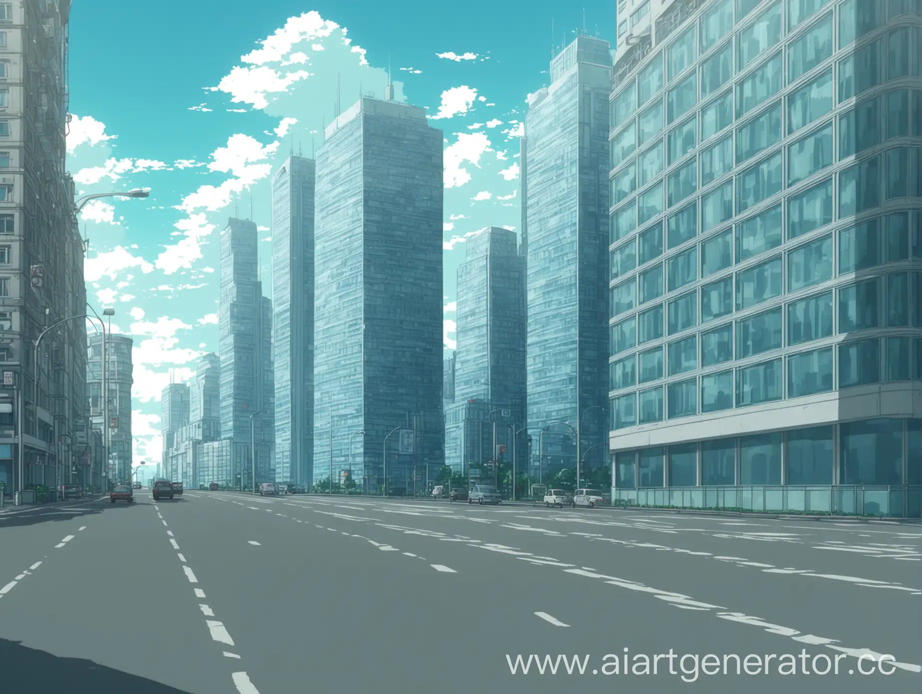вид на высокое здание с стеклянными окнами, городская улица,  дорога и машины, фон, аниме стиль, без людей