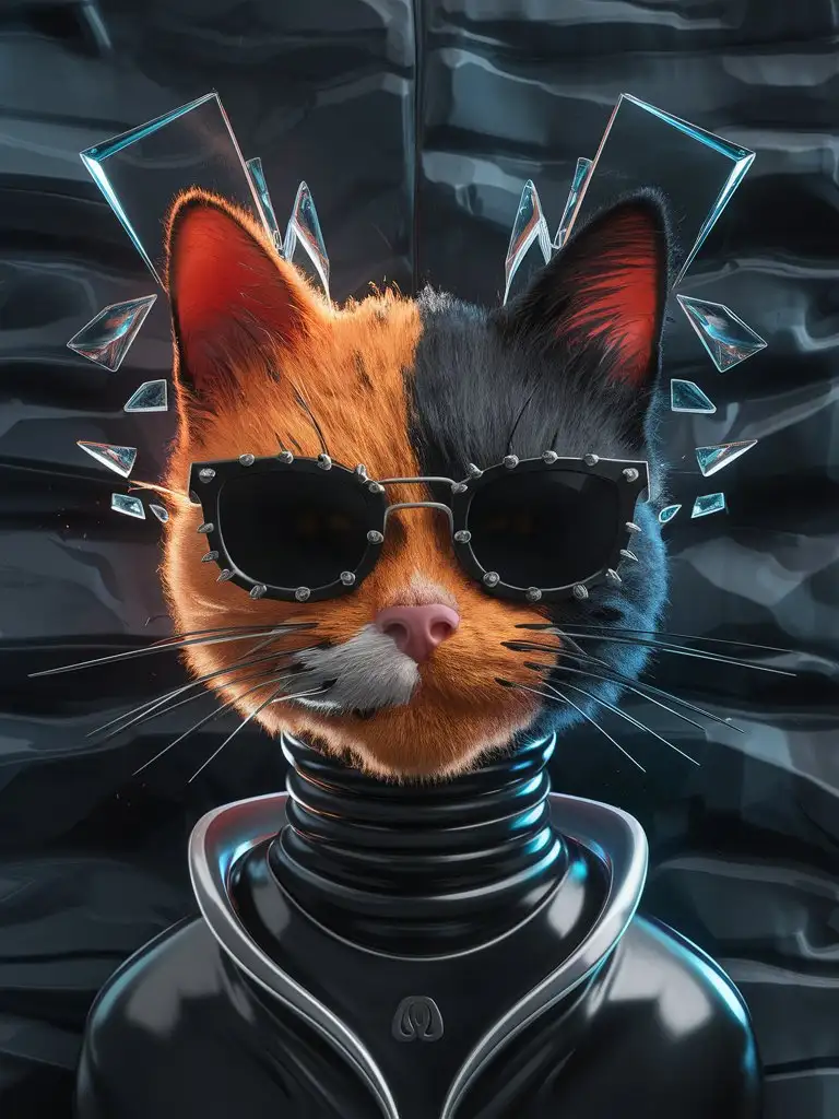 3D digital art portrait of an abstract cyborg cat with glasses, orange and black motif, pieces of broken glass flying around her head. She has red lipstick on her lips and wears futuristic sunglasses that have many small spikes. She has black hair and the background should be dark grey, hyper realistic and hyper detailed. --ar 71:128