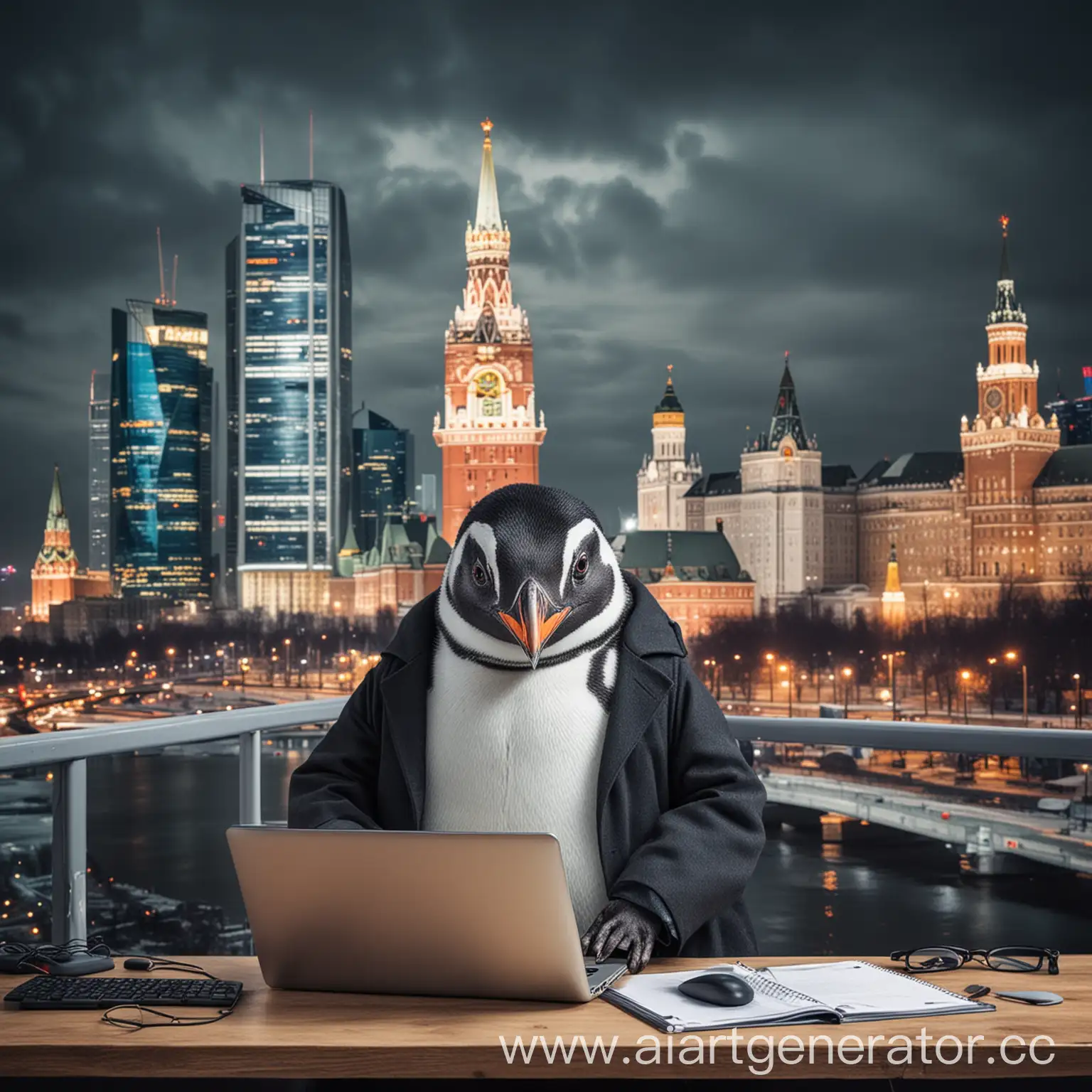 Создай изображение пингвина-программиста с ноутбуком, в строгом офисном костюме на фоне офиса вид из москвы сити