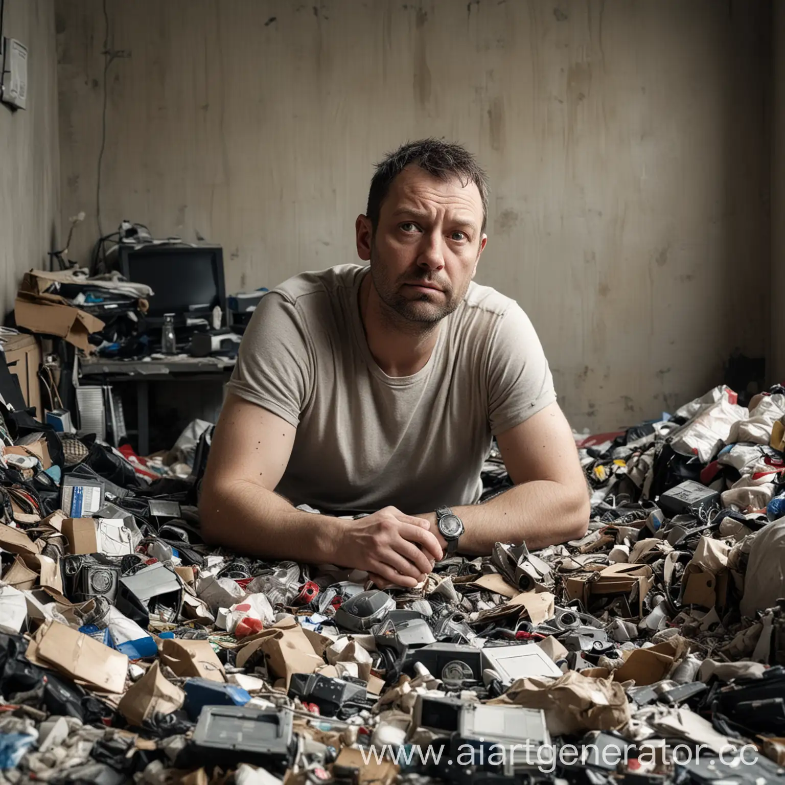 ugly 38 year old man does not believe in the superiority of AI very detailed in a dirty room with a lot of rubbish