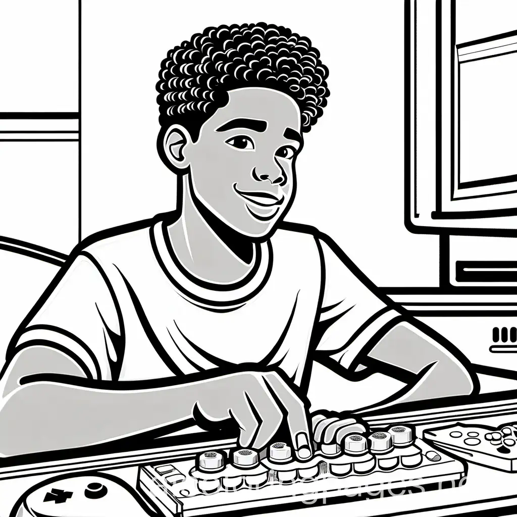 teen biracial 
boy playing video games





, Coloring Page, black and white, line art, white background, Simplicity, Ample White Space. The background of the coloring page is plain white to make it easy for young children to color within the lines. The outlines of all the subjects are easy to distinguish, making it simple for kids to color without too much difficulty