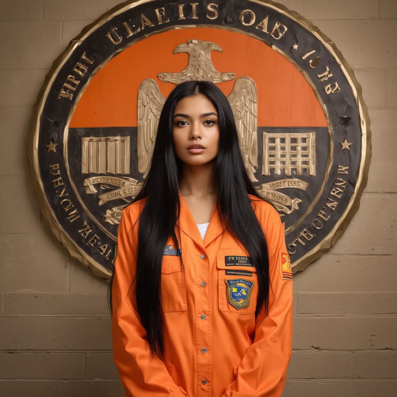 Young supermodel beauty very, very long black hair, Sri-Lankan & Polynesian ethnic 21 year old girl, standing in orange prison uniform in front of the FBI emblem, CIA emblem USA flag, Democratic Emblem on a wall like a government office, she has tape over her mouth.