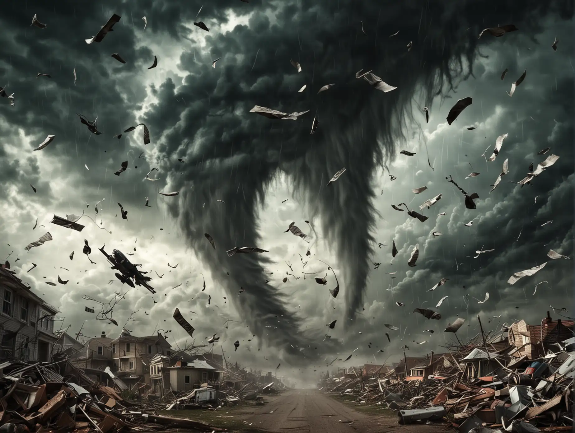 A tornado background with things flying around