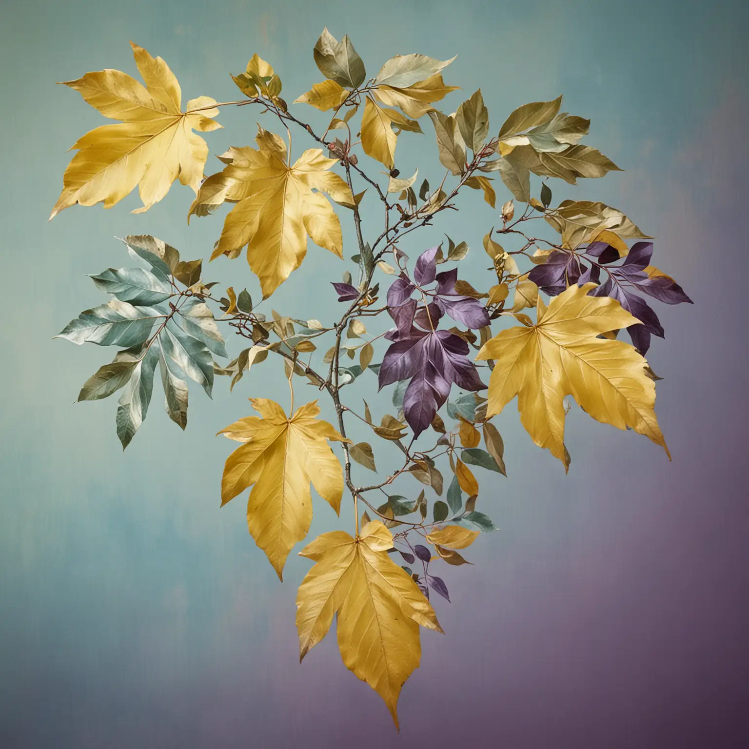 large pale blue-green, yellow leaves hanging down  on three branches with purple, yellow and  background