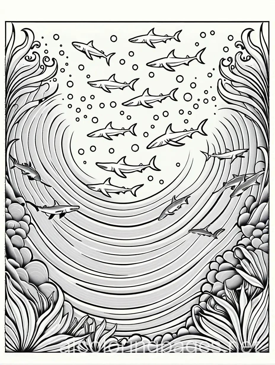 Coloring Page, black and white, line art, white background, without shadows, Simplicity, Ample White Space. The background of the coloring page is plain white to make it easy for young children to color within the lines Sharks - Scene: A group of sharks are swimming in the ocean, exploring underwater rocks. Coloring Page, black and white, line art, white background, no shadows, Simplicity, Ample White Space. The background of the coloring page is plain white to make it easy for young children to color within the lines. The outlines of all the subjects are easy to distinguish, making it simple for kids to easy for coloring, Coloring Page, black and white, line art, white background, Simplicity, Ample White Space. The background of the coloring page is plain white to make it easy for young children to color within the lines. The outlines of all the subjects are easy to distinguish, making it simple for kids to color without too much difficulty