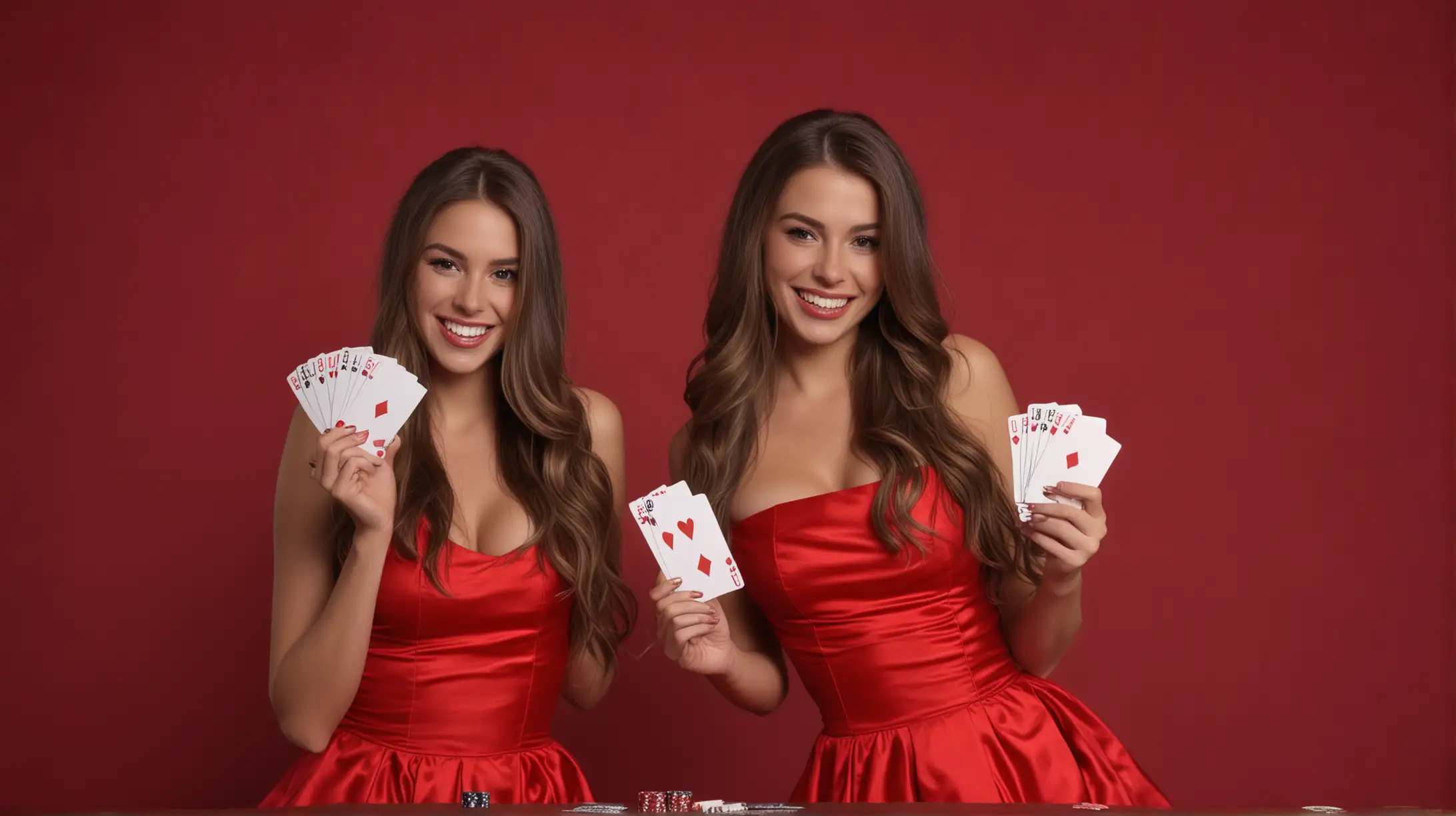 Two American Casino Glamorous Women Holding Playing Cards