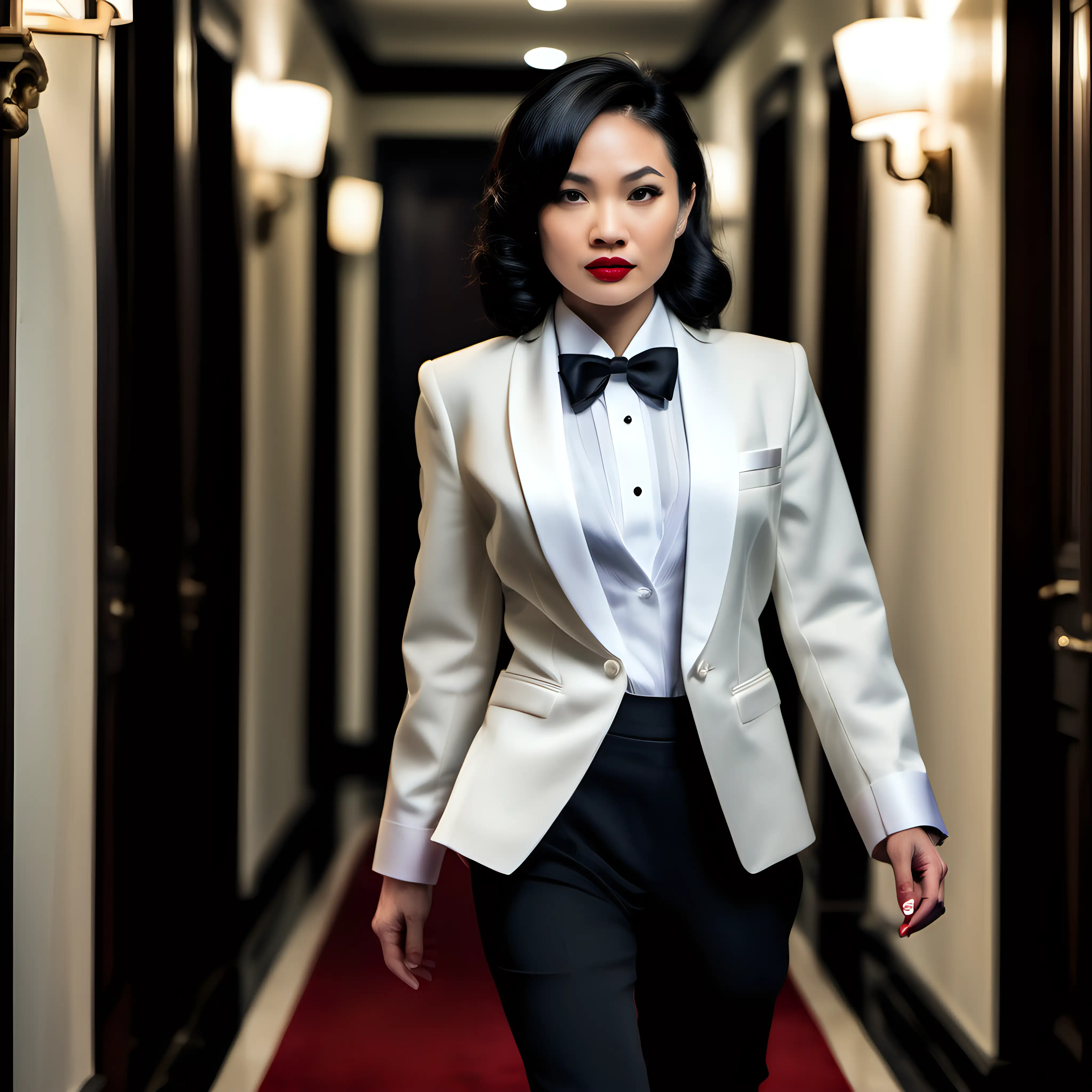 A petite 35-year-old attractive Vietnamese woman with black shoulder-length hair and red lipstick wearing a formal tuxedo with an ivory dinner jacket, a black bow tie, black cufflinks, and black pants. Her shirt has French double cuffs. She is wearing a corsage and her jacket is open. She is walking down a dark hallway in a mansion.
