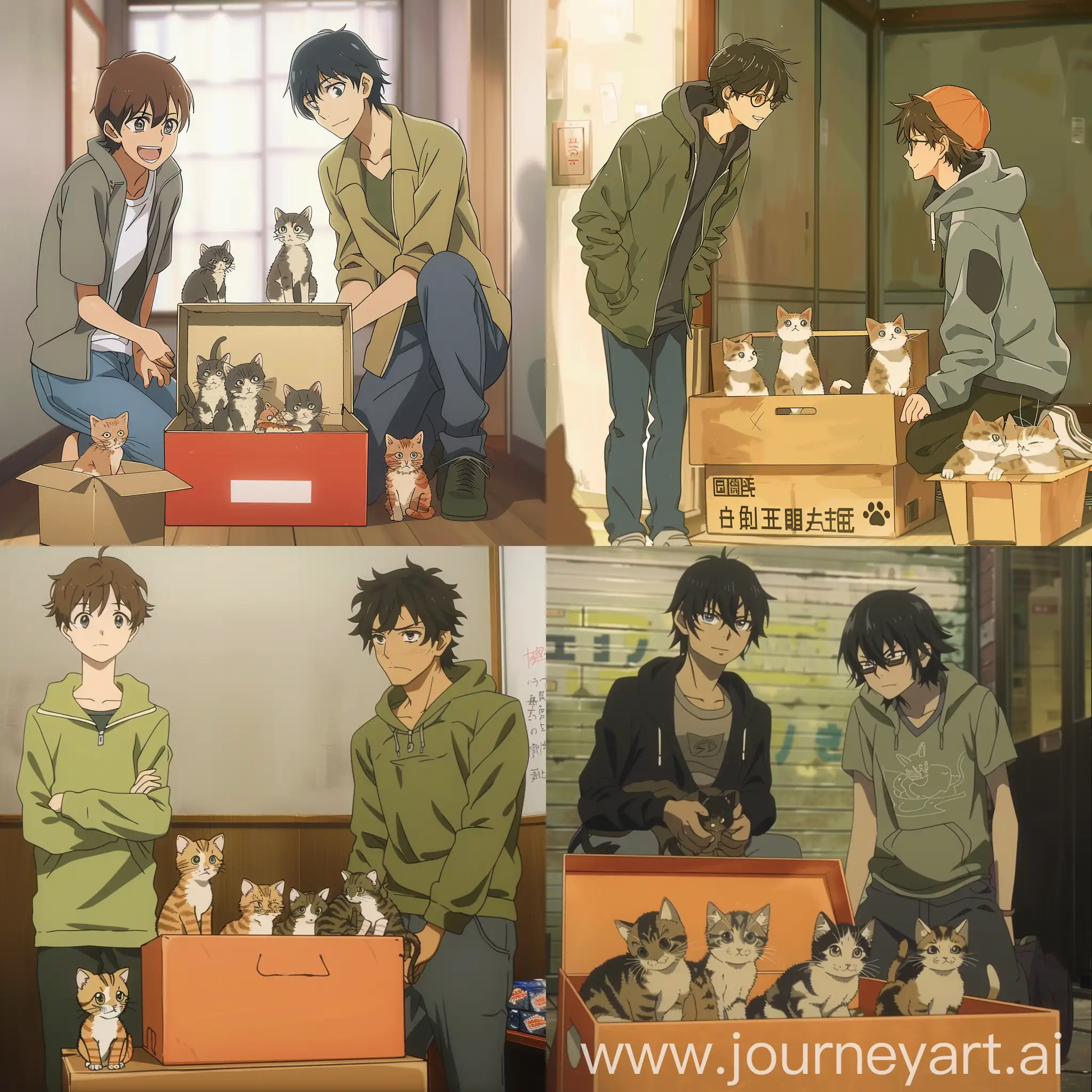 Anime-Couple-Admiring-Kittens-in-Box