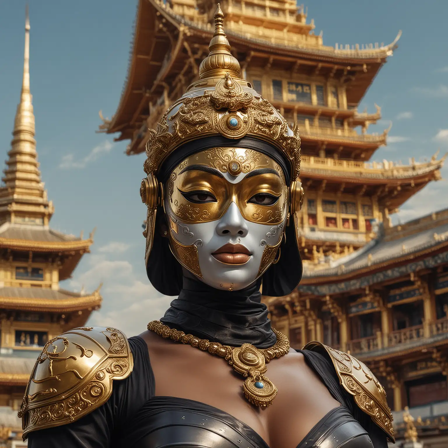 A woman wearing a mask and metal helmet, ready for protection.Majestic golden pagoda.Diamond Jewelry,  Necklace, Rings and earrings.Black woman painterly smooth, extremely sharp detail, finely tuned, 8 k, ultra sharp focus, illustration, illustration, art by Ayami Kojima Beautiful Thick Sexy Black women The woman's stomach, and abdomen are visible