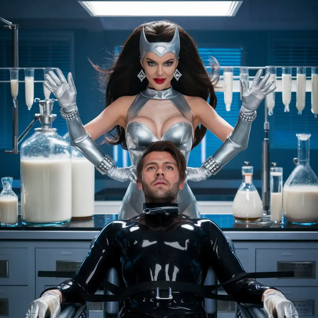 Photo, laboratory, vials of milky liquid, beautiful busty female super villianess, silver latex body suit. silver latex gloves, hypnotic eyes, big diamond rings, long flowing dark hair, handsomeale in black latex, strapped to chair, full-body over handsome male in latex body suit, sultry, seductive. Realistic