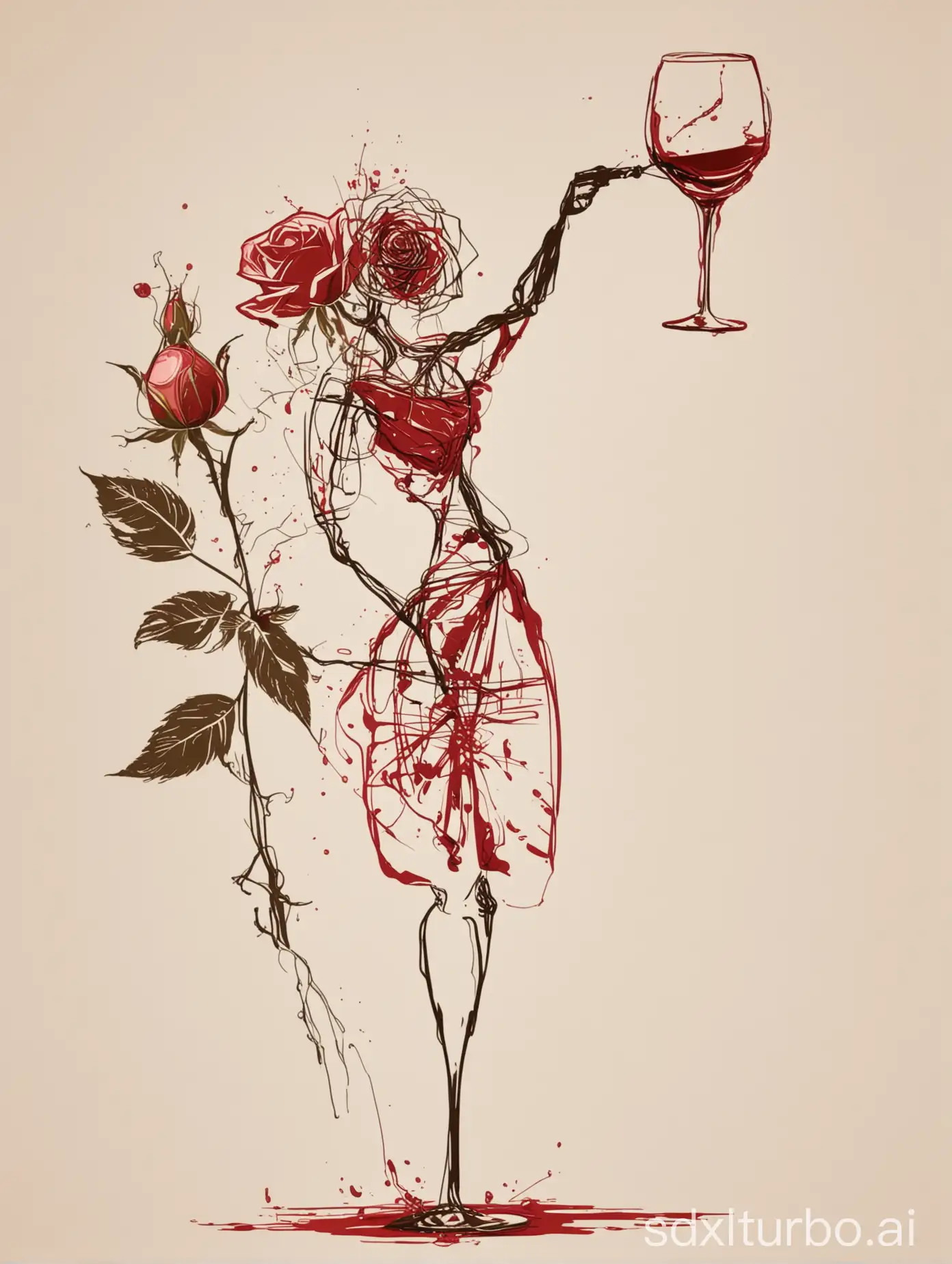 from smudges and shading emerges an abstract figure study, posed, stick figure rose, with a full open blossom, drinking wine, against a white background, in the vector illustrations style with flat design, minimalism, clean lines, at high resolution with high detail