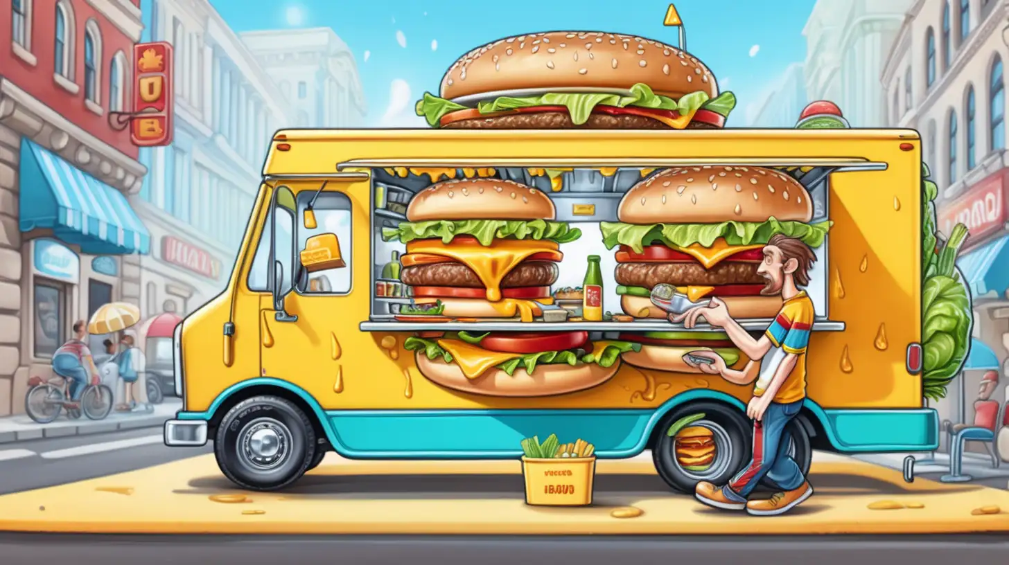 cartoon style, detailed, 16k HD, colorful graphics on food truck, tiny man holding very large hamburger, hamburger has melting cheese, lettuce, tomato, pickle, juicy.