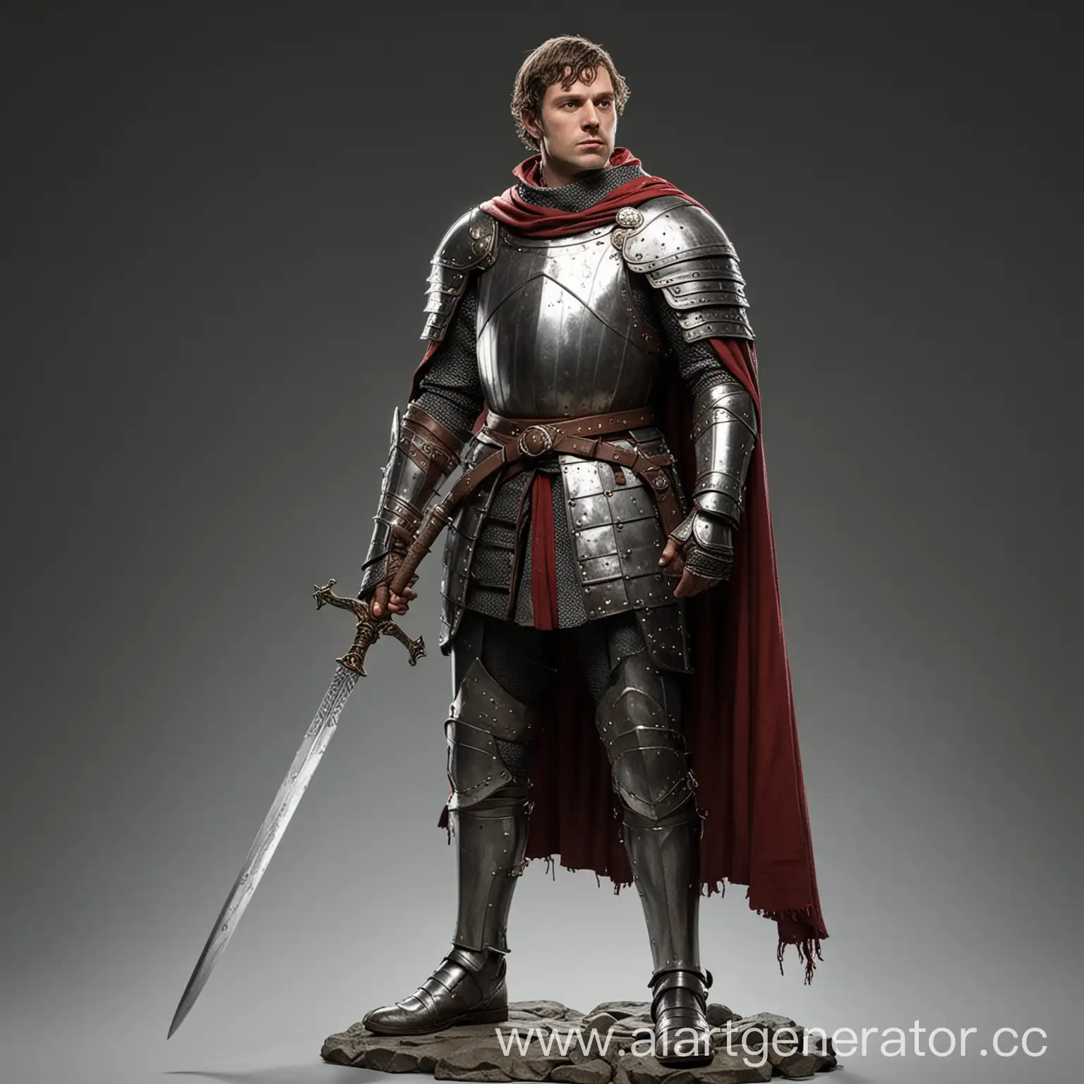 Мужчина рыцарь Хаттон стоит в полный рост в рыцарском облаченье, в одной руке держит серебряный меч.