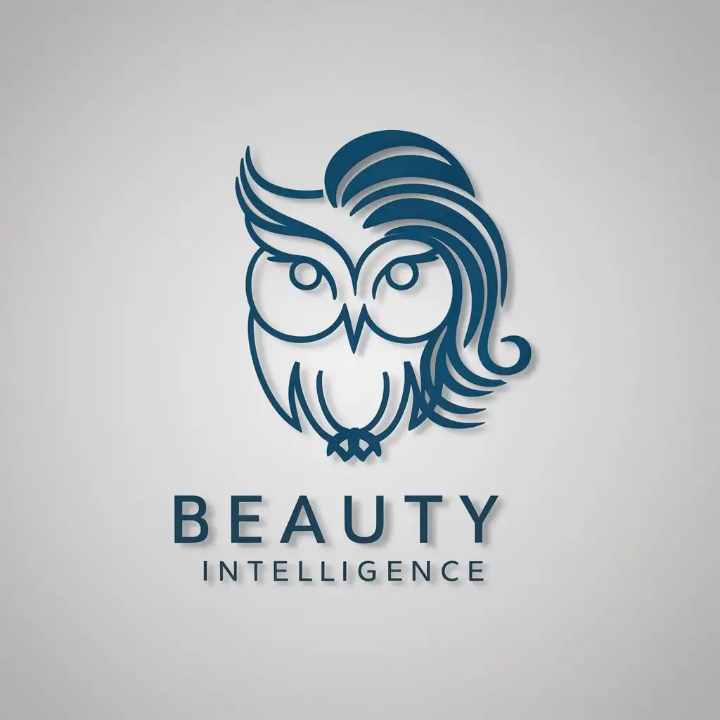 a logo design,with the text 'Beauty Intelligence', main symbol:this logo should include a modern minimalist owl icon, with beautiful long curly blue hair like women hair. Colors blue. must be a background white,Moderate,clear background