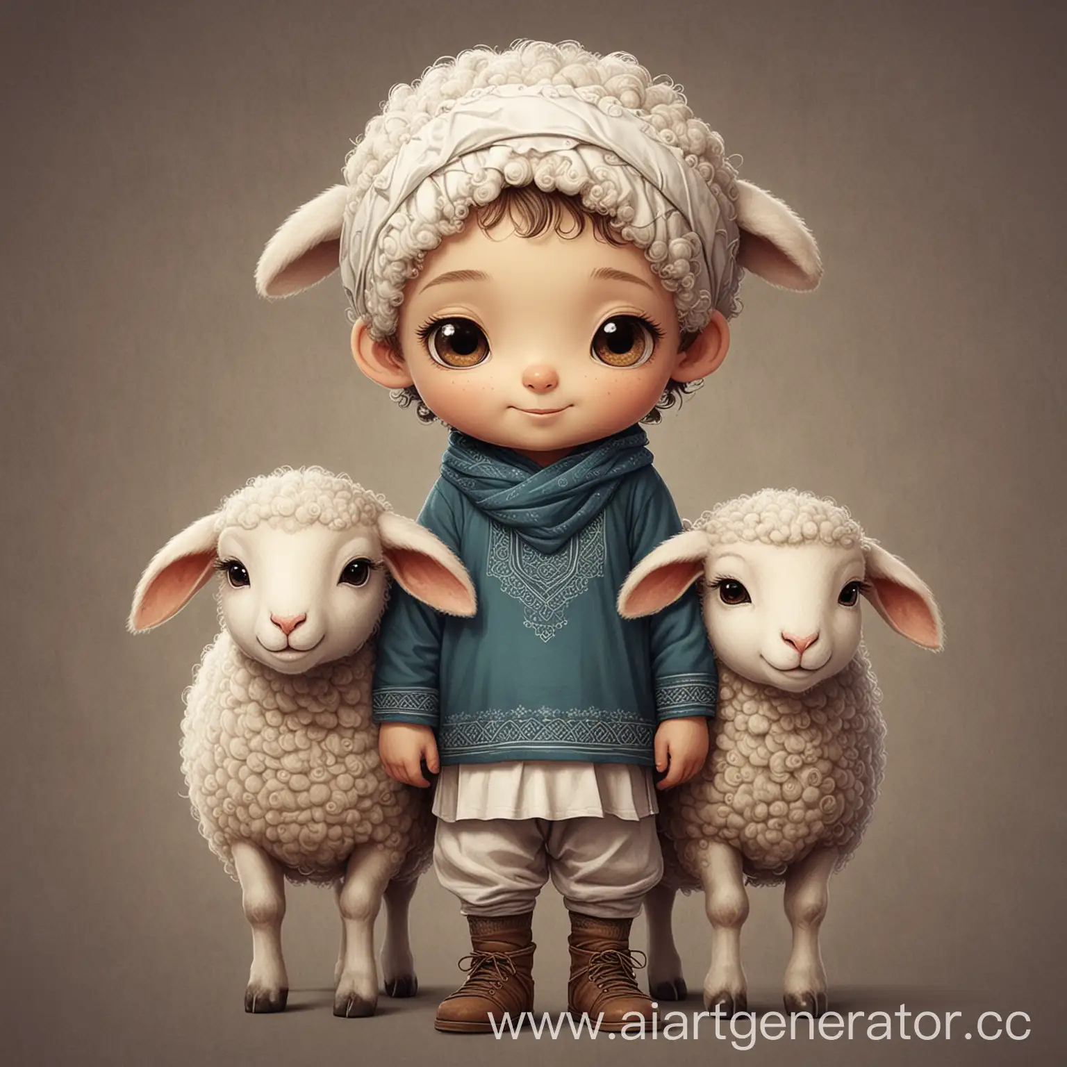 нарисуй милую овечку и мальчика рядом а задний фон сделай исламским
