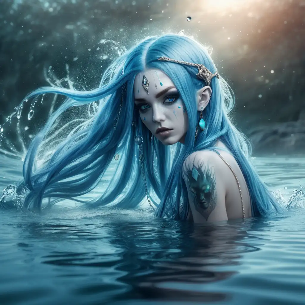 mystical fantasy image of a female with long piercing blue hair in the water with long flow 