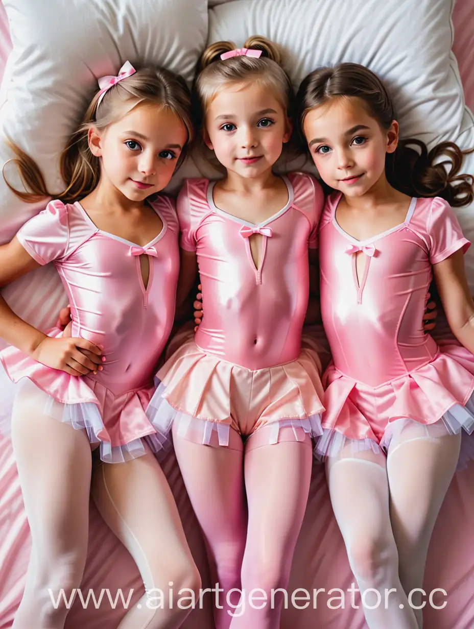 3 different race girls, lying on the bed, 10 years old, pink bale costume, white opaque tights, top view, masterpiece face, cute, beautiful, pretty, very high quality