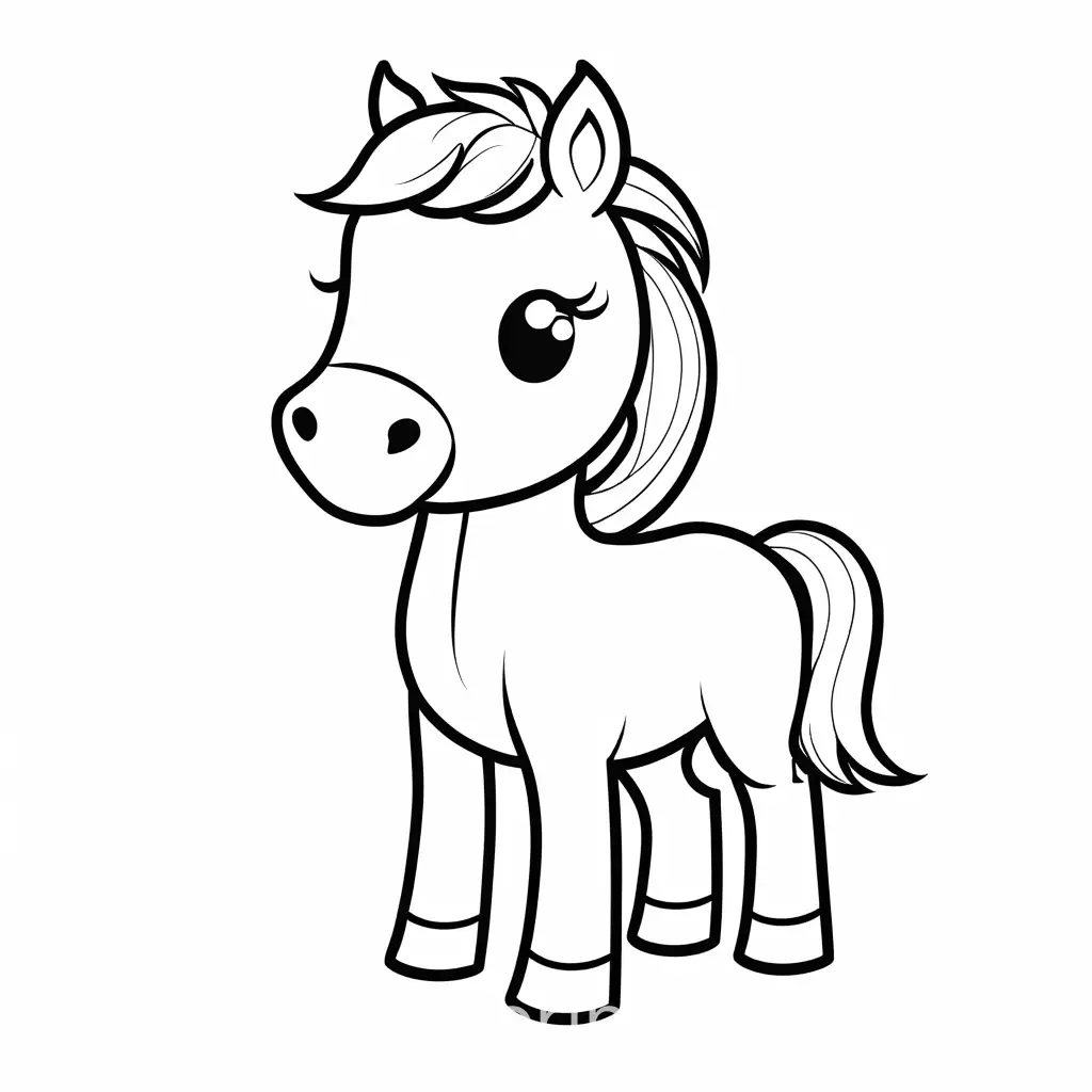 A cute horse without background, Coloring Page for young kids, Black and white, line art, white background, Simplicity, Ample white space. The background of the coloring page is plain white to make it easy for young children to color within the lines. The outlines of all the subjects are easy to distinguish, making it simple for kids to color without too much difficulty
